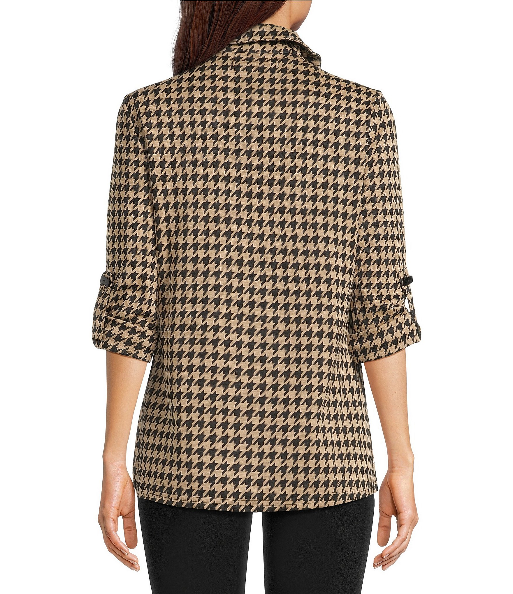 Calessa Petite Size Knit Houndstooth Quarter Zip Mock Neck 3/4 Roll-Tab Sleeve Top