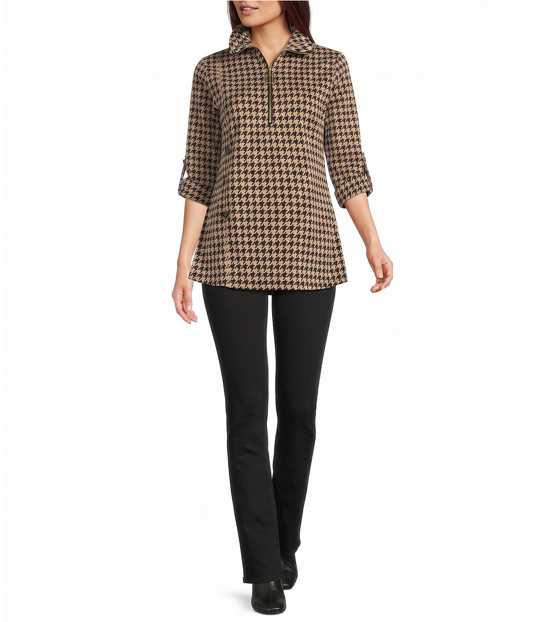 Calessa Petite Size Knit Houndstooth Quarter Zip Mock Neck 3/4 Roll-Tab Sleeve Top