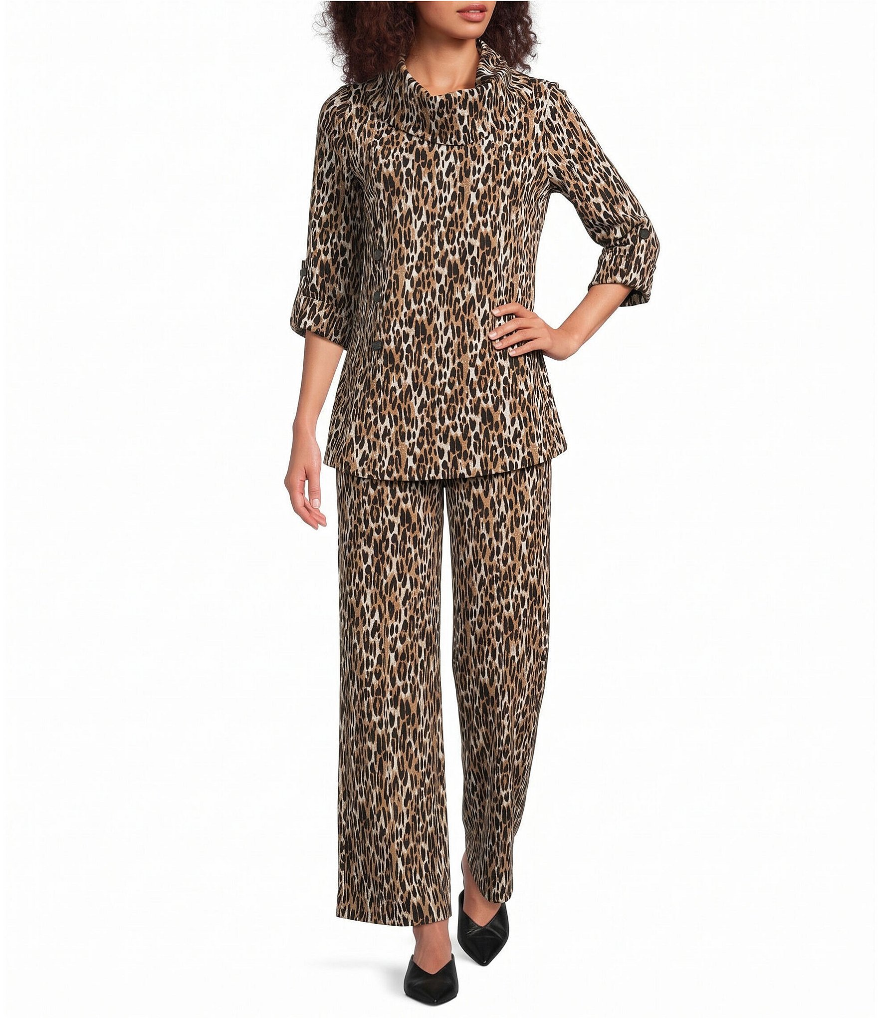 Calessa Petite Size Knit Leopard Cowl Neck 3/4 Roll-Tab Sleeve Tunic