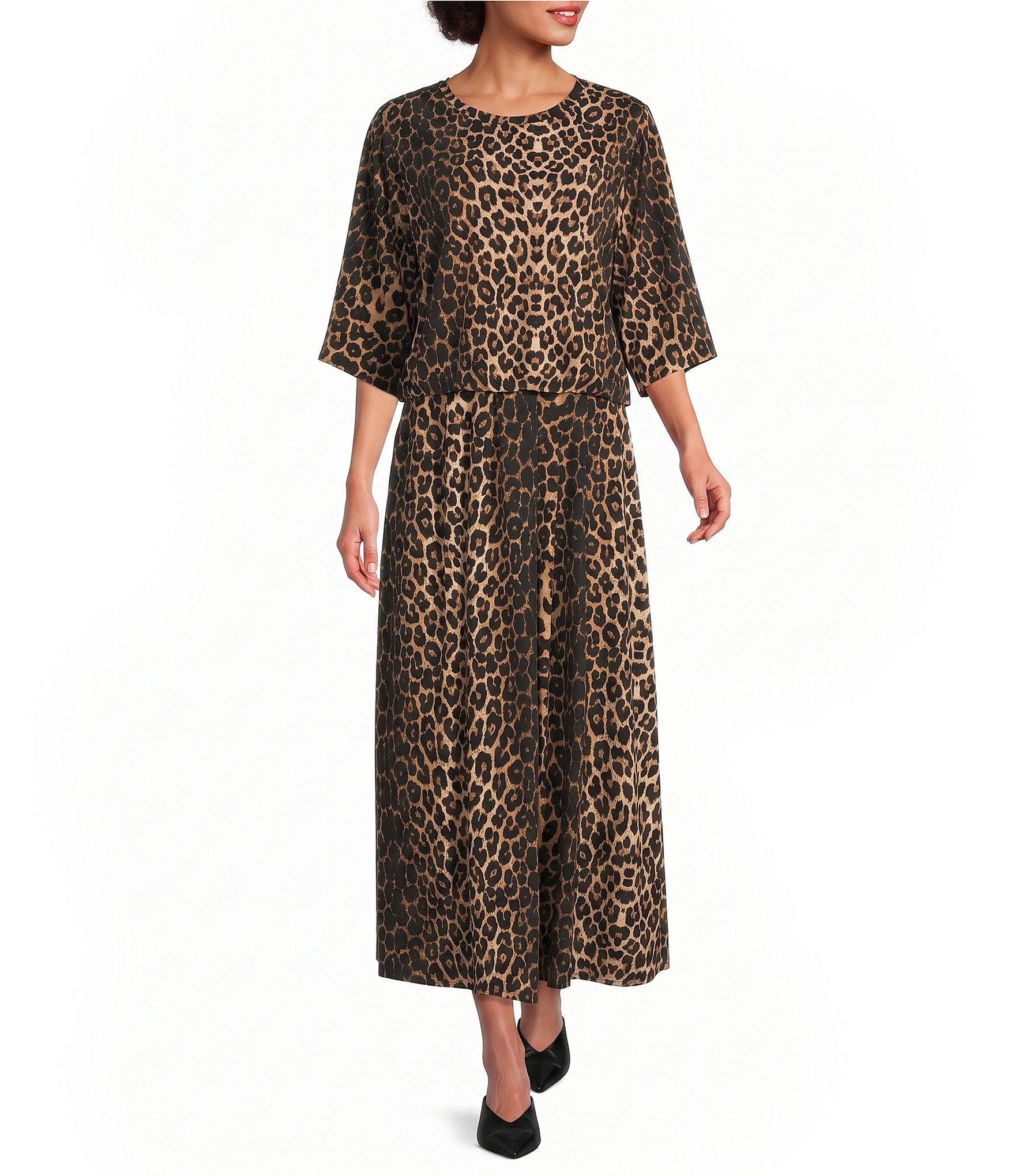 Calessa Petite Size Knit Leopard Print Pull-On A-Line Midi Skirt