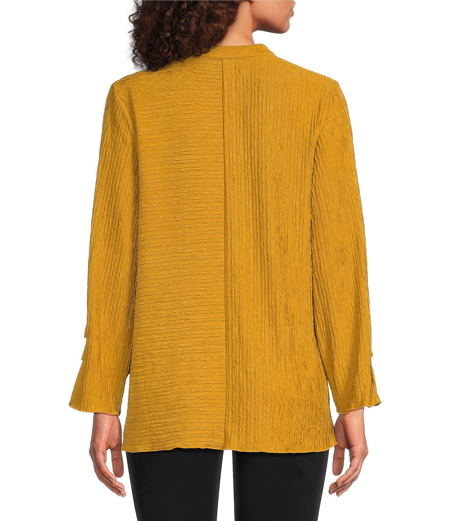 Calessa Petite Size Mandarin Collar Long Tuck Sleeve Button Detail Tunic