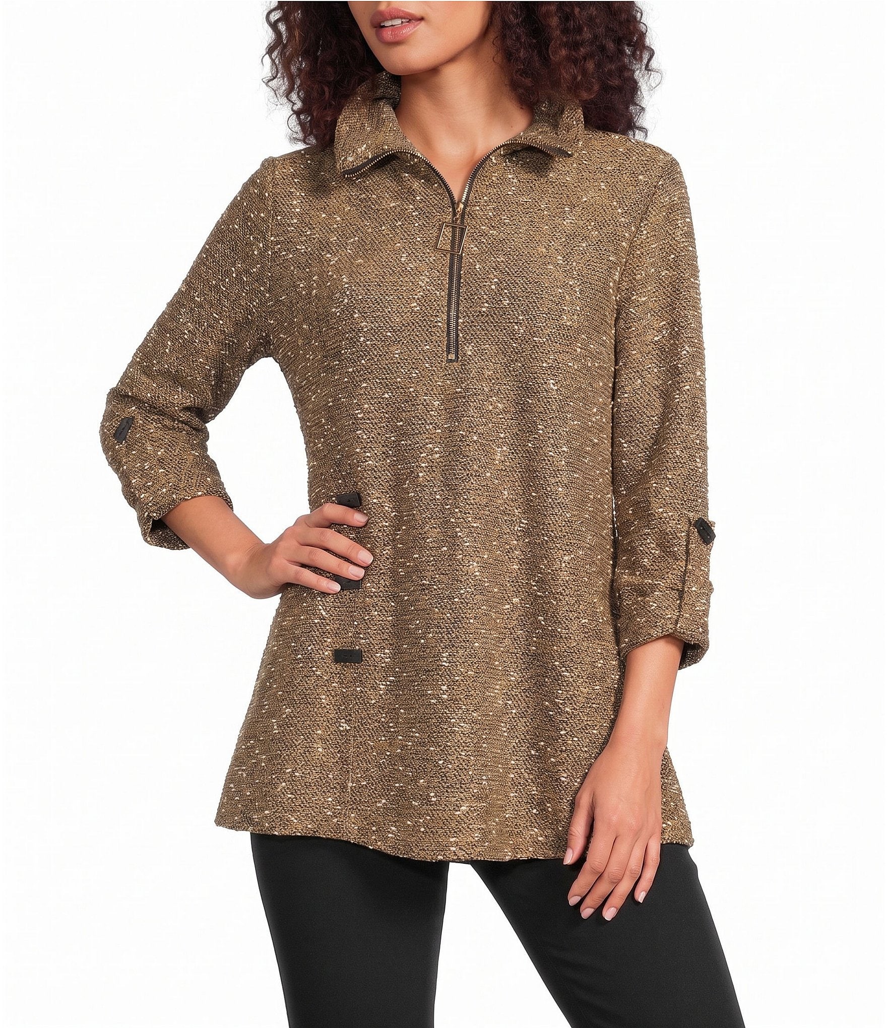 Calessa Petite Size Knit Texture Zip Mock Neck 3/4 Roll-Tab Sleeve Tunic