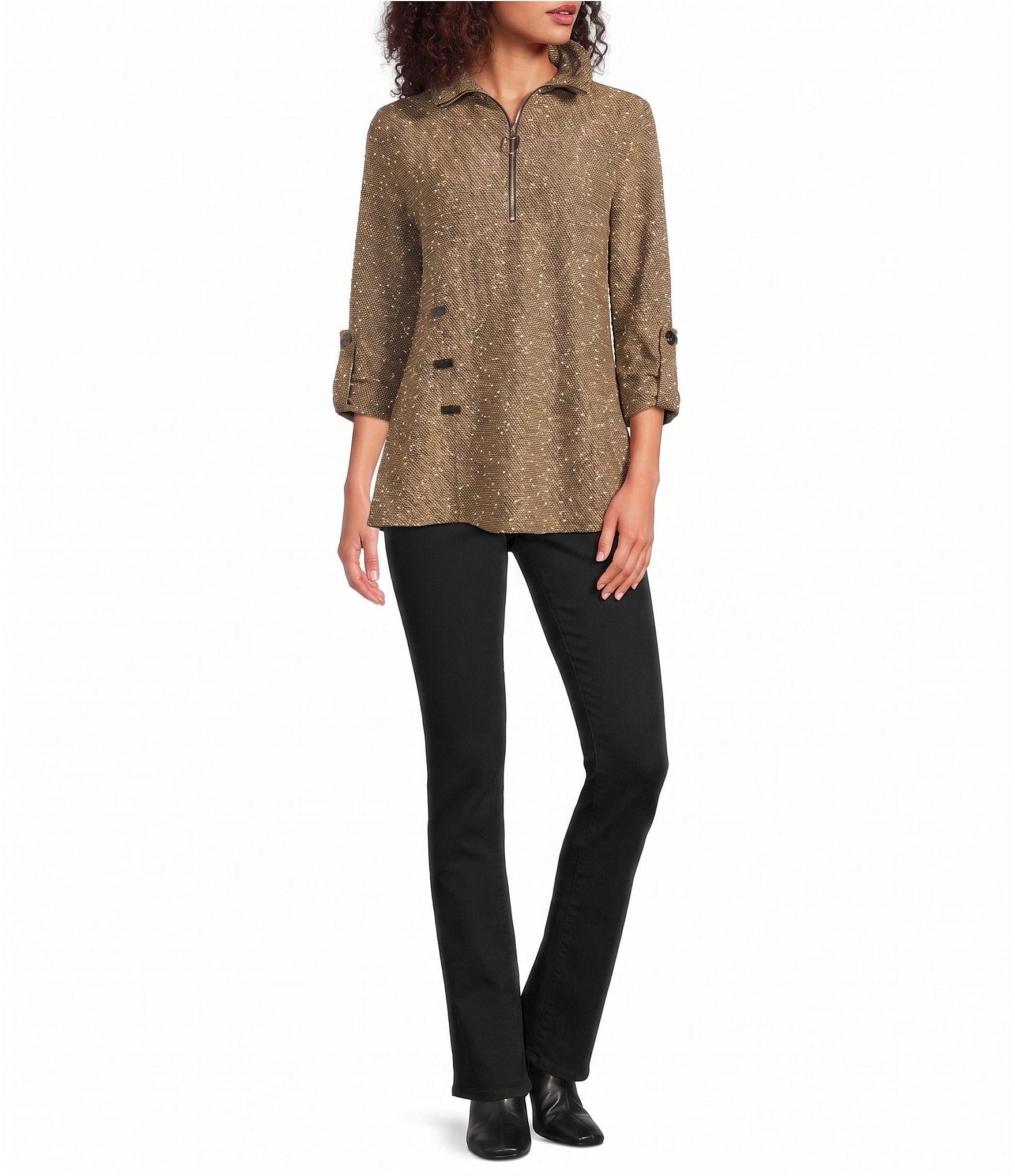 Calessa Petite Size Knit Texture Zip Mock Neck 3/4 Roll-Tab Sleeve Tunic