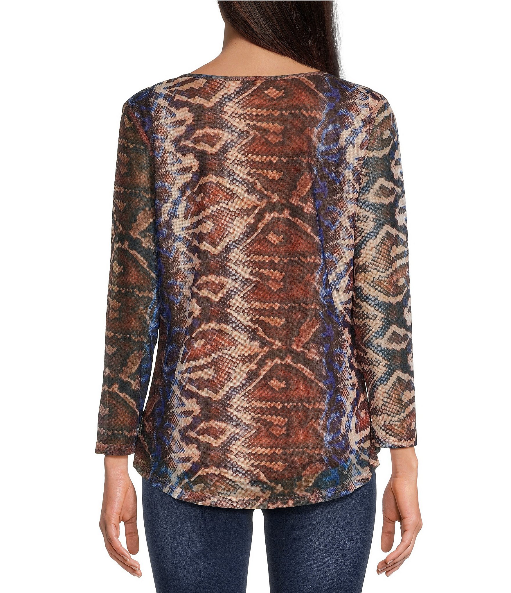 Calessa Petite Size Mesh Knit Abstract Snake Print Drape Neck Long Sleeve Top