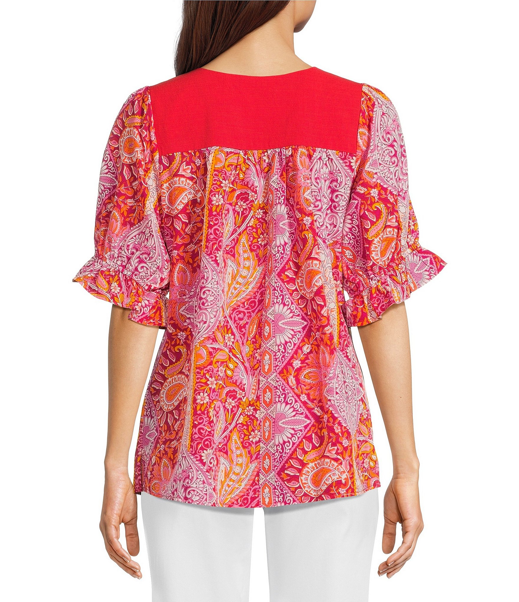 Calessa Petite Size Woven Patchwork Square Neck Elbow Sleeve Embroidered Tunic