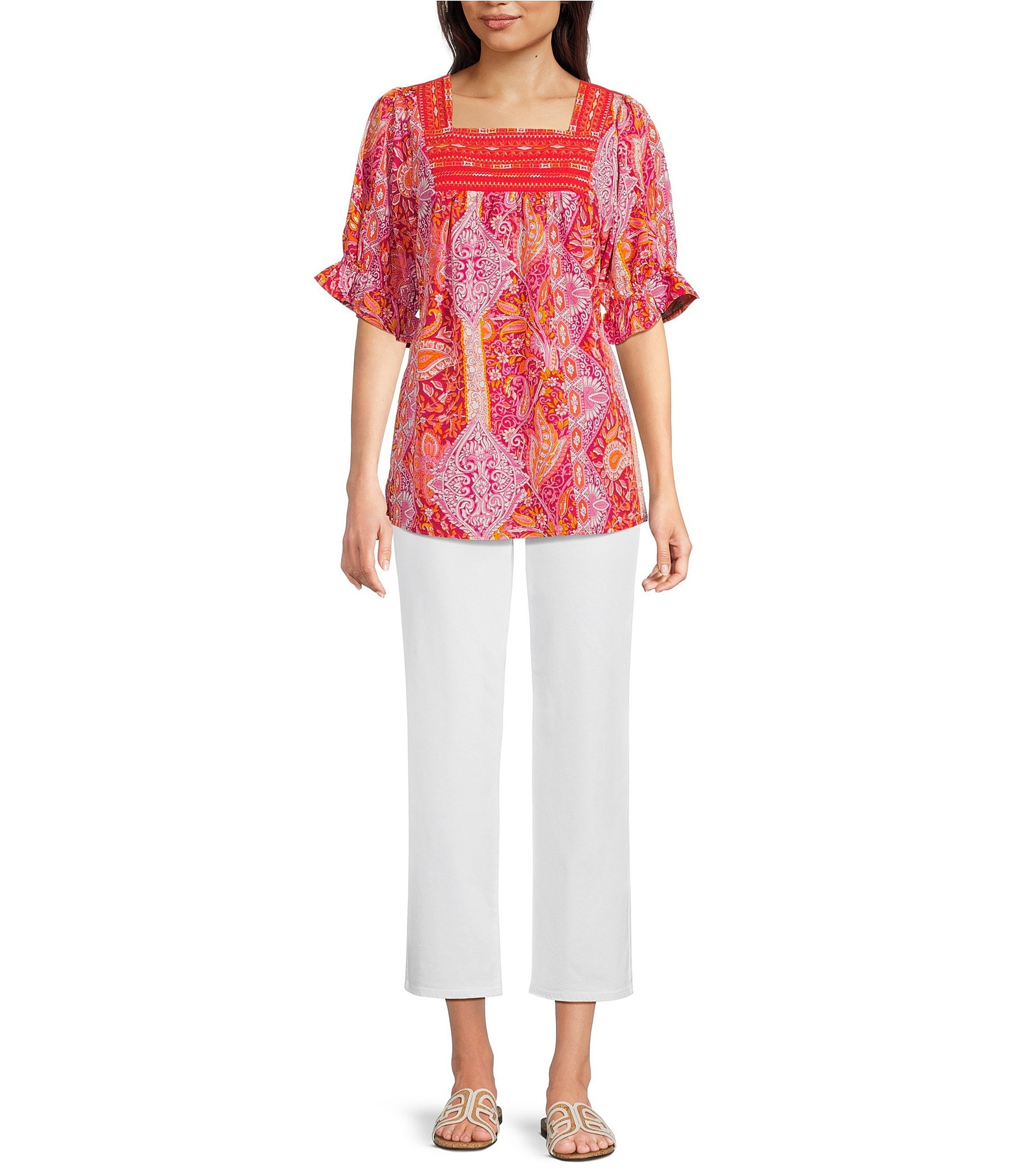 Calessa Petite Size Woven Patchwork Square Neck Elbow Sleeve Embroidered Tunic