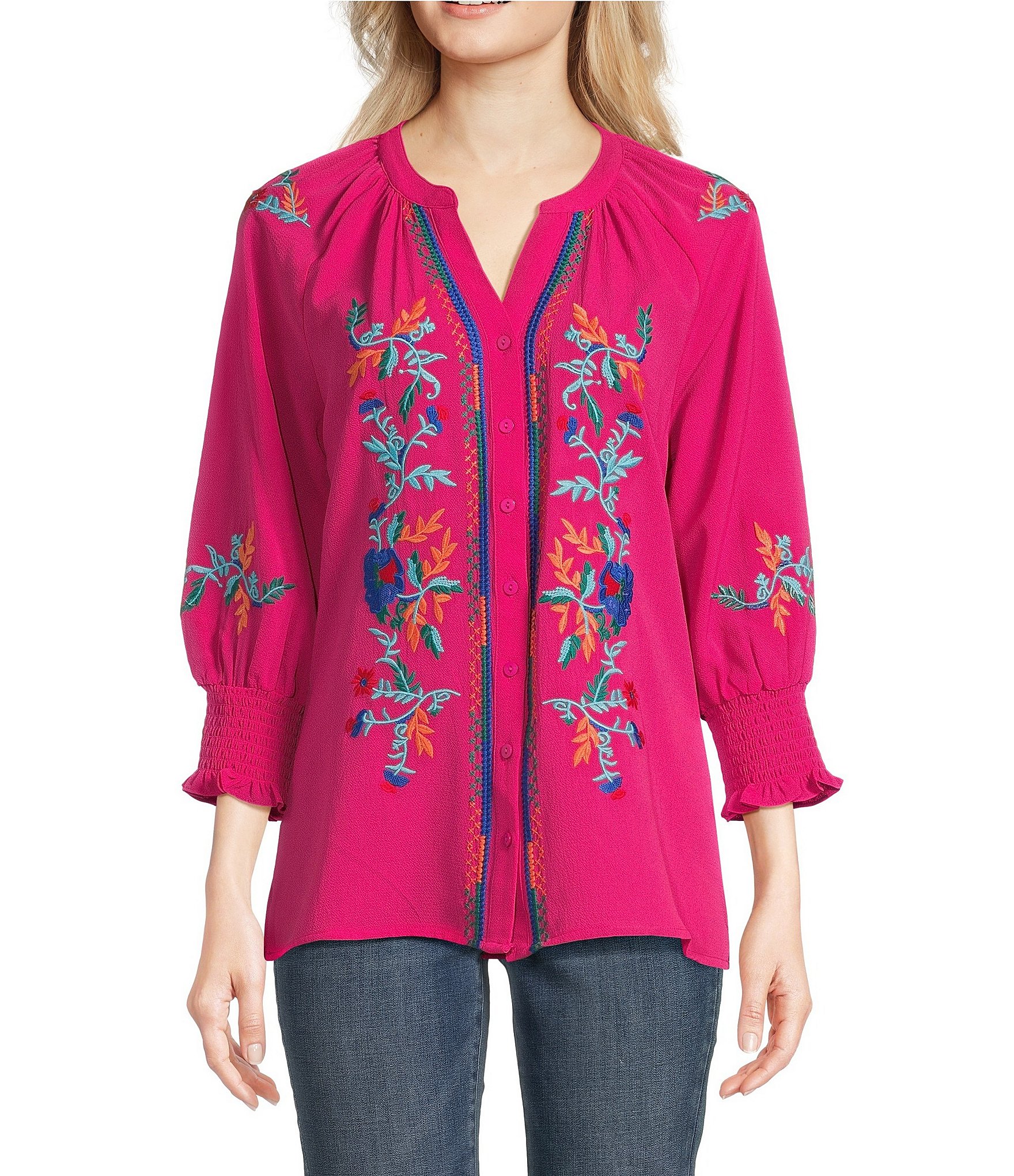 Calessa Petite Size Pebble Crepe Woven Embroidered Split V-Neck Bracelet Length Sleeve Button-Front Tunic