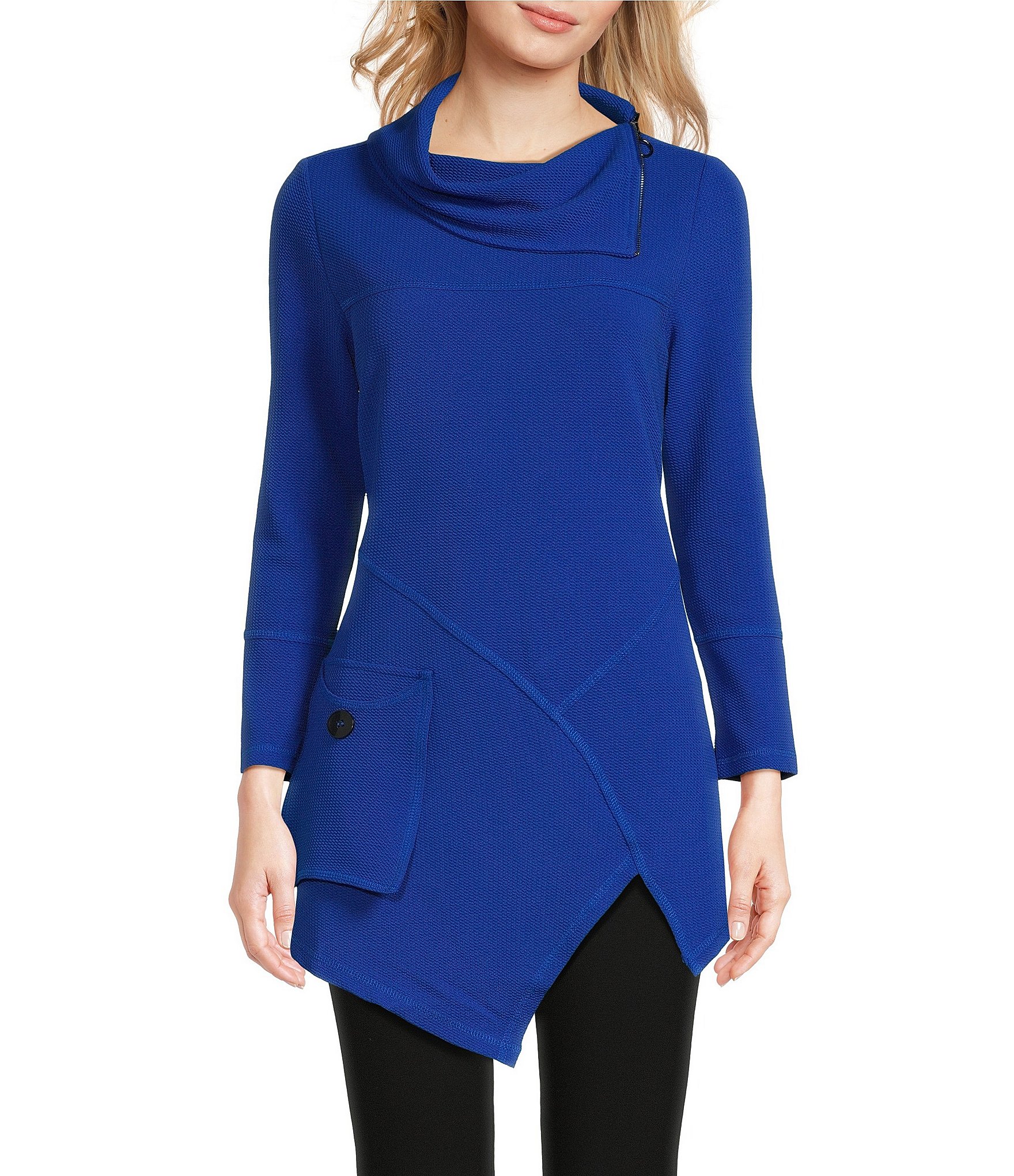 Calessa Petite Size Solid Textured Knit Enveloped Zipper Split Neck 3/4  Sleeve Asymmetrical Hem Tunic