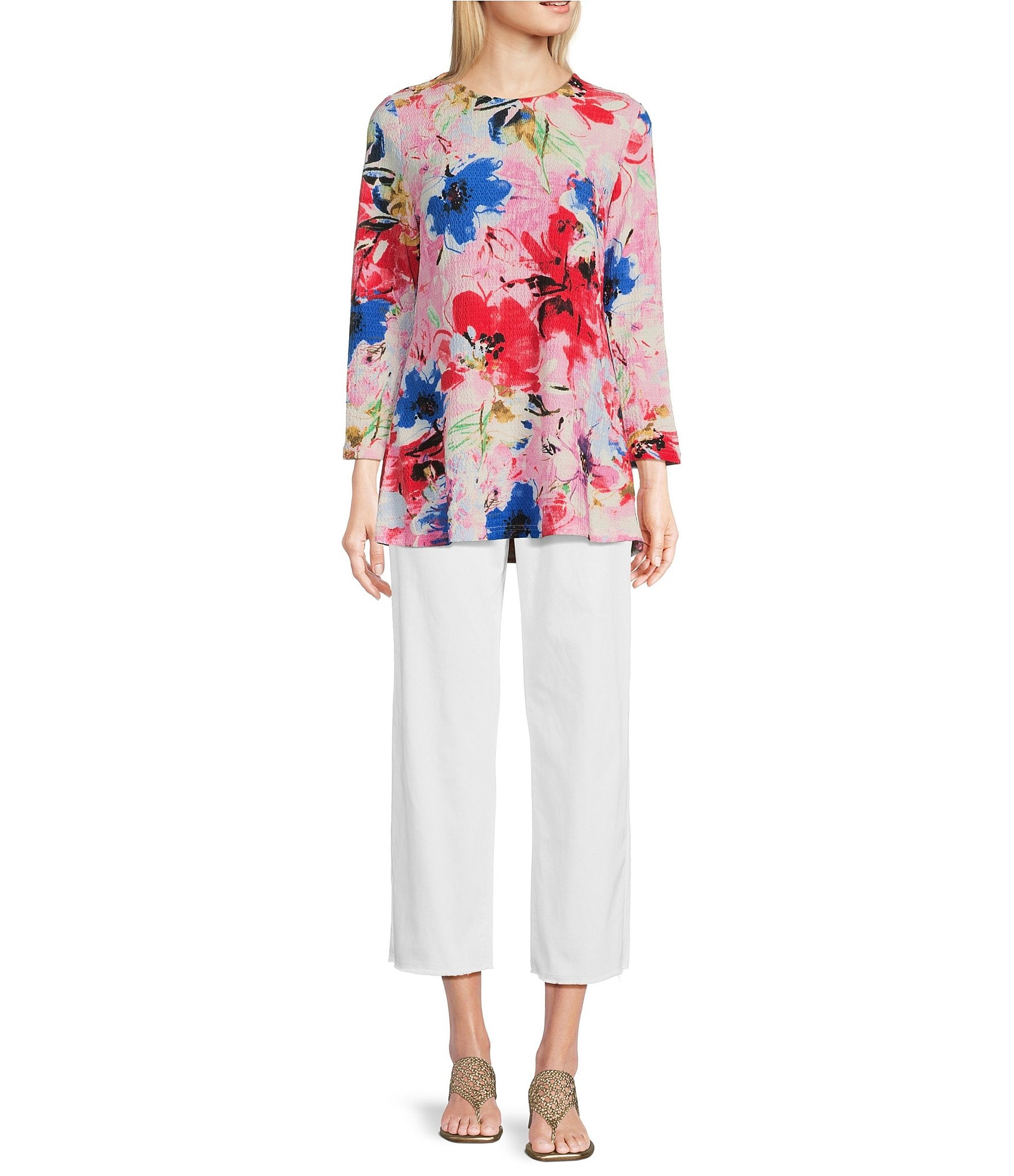 Calessa Petite Size Stretch Knit Floral Crew Neck 3/4 Sleeve Tunic