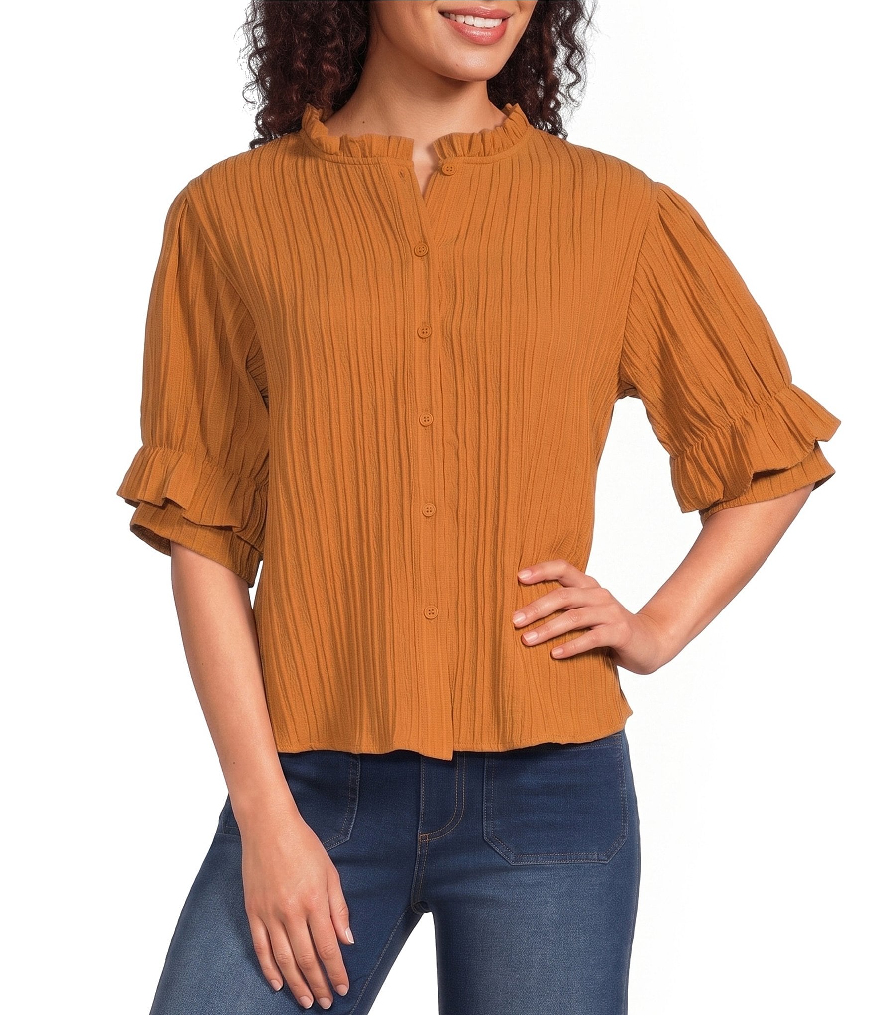 Calessa Petite Size Textured Split Tie Neck Elbow Length Sleeve Button Front Tunic