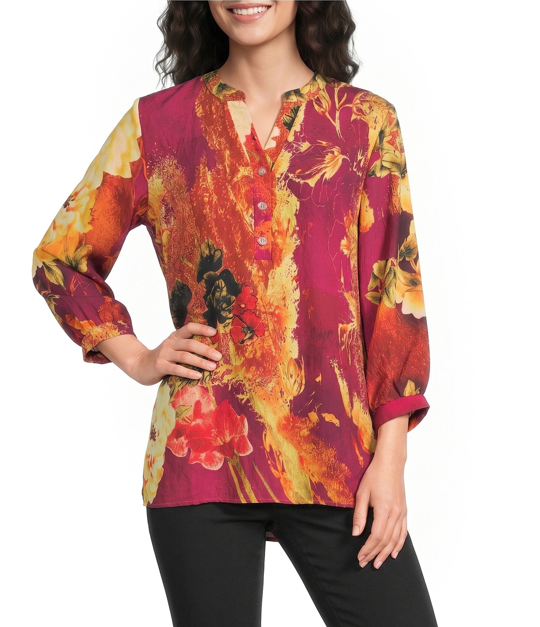 Calessa Petite Size Woven Digital Print V-Neck 3/4 Sleeve Tunic