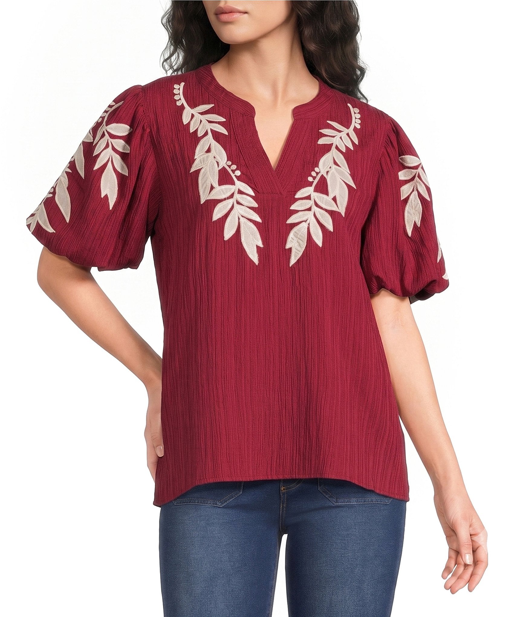 Calessa Petite Size Woven Embroider Leaf Split V-Neck Elbow Length Puff Sleeve Top