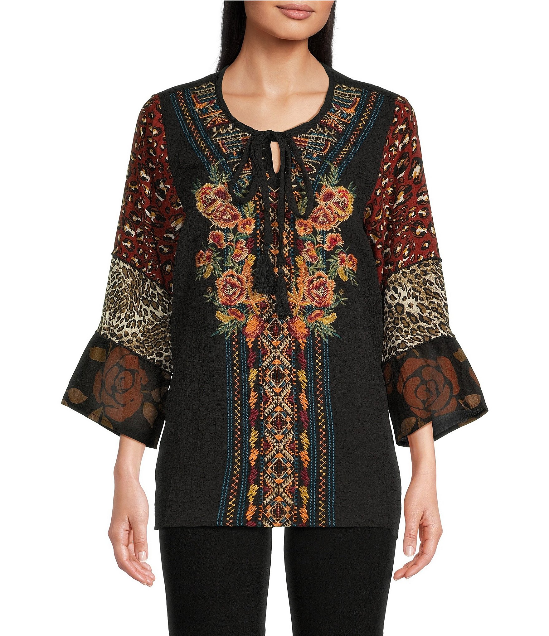 Calessa Petite Size Woven Embroidered Patchwork Split Round Neck 3/4 ...
