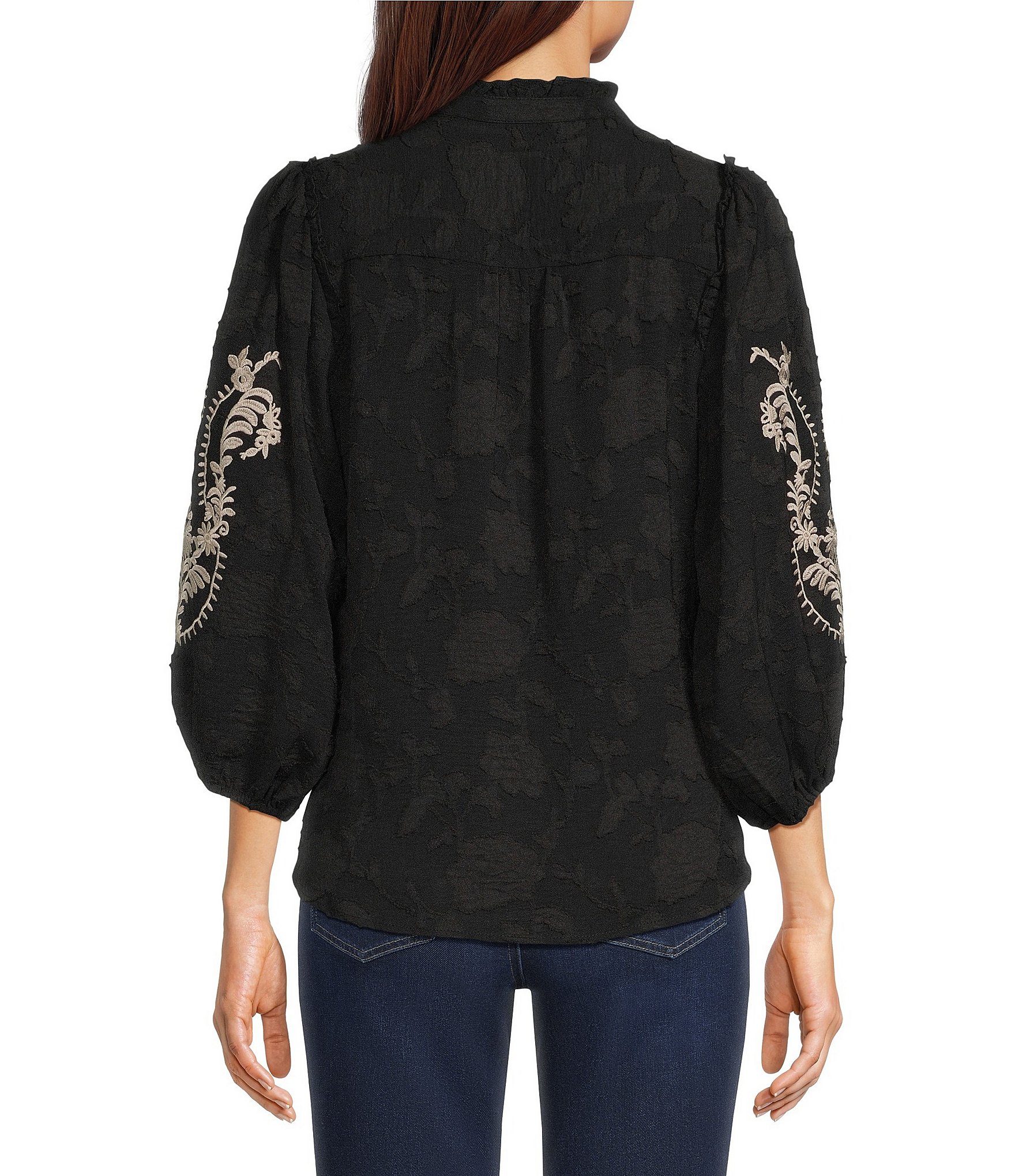 Calessa Petite Size Woven Embroidered Split V-Neck 3/4 Puff Sleeve Top