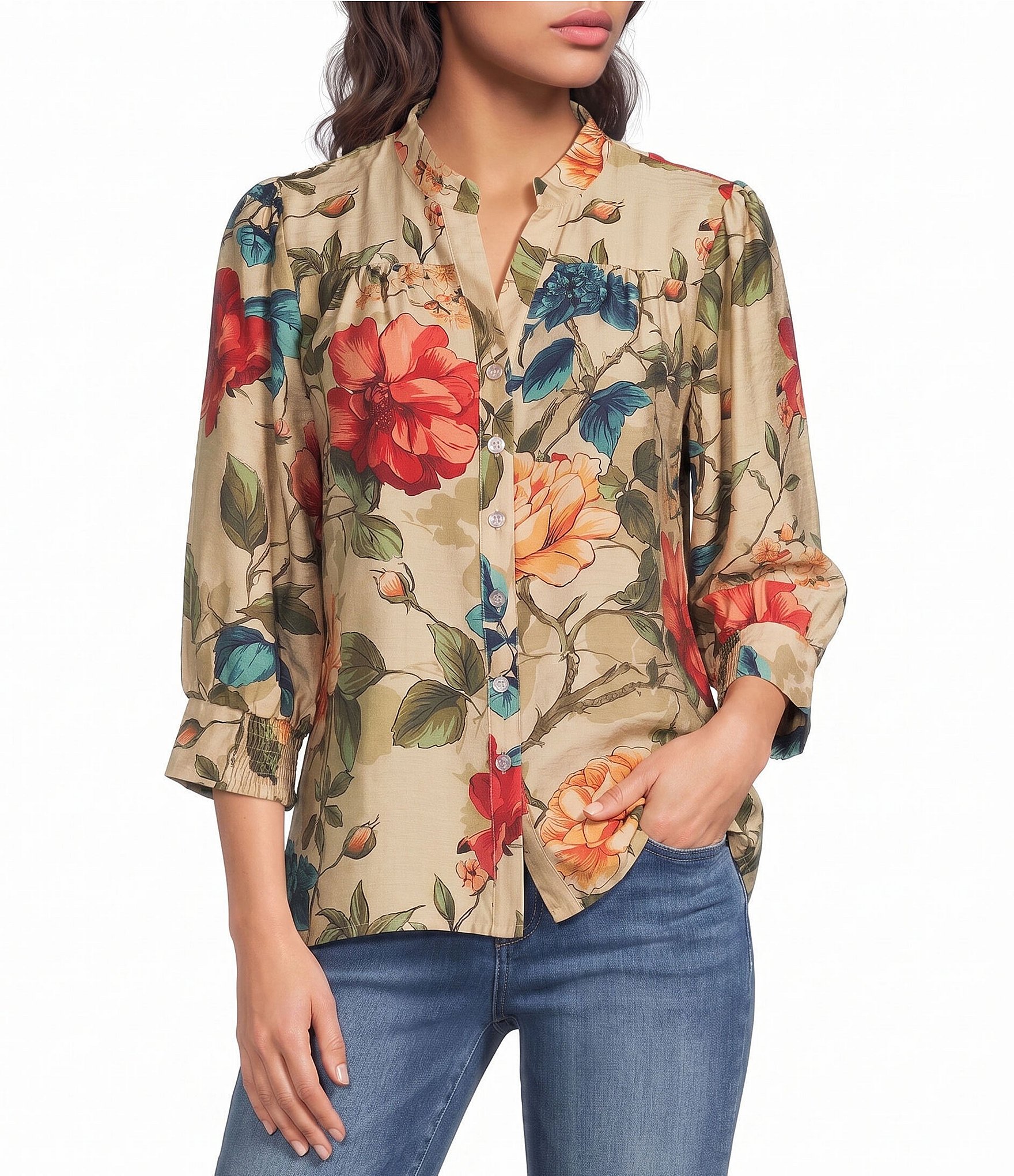 Calessa Petite Size Woven Floral Split V-Neck 3/4 Sleeve Button Front Coordinating Blouse