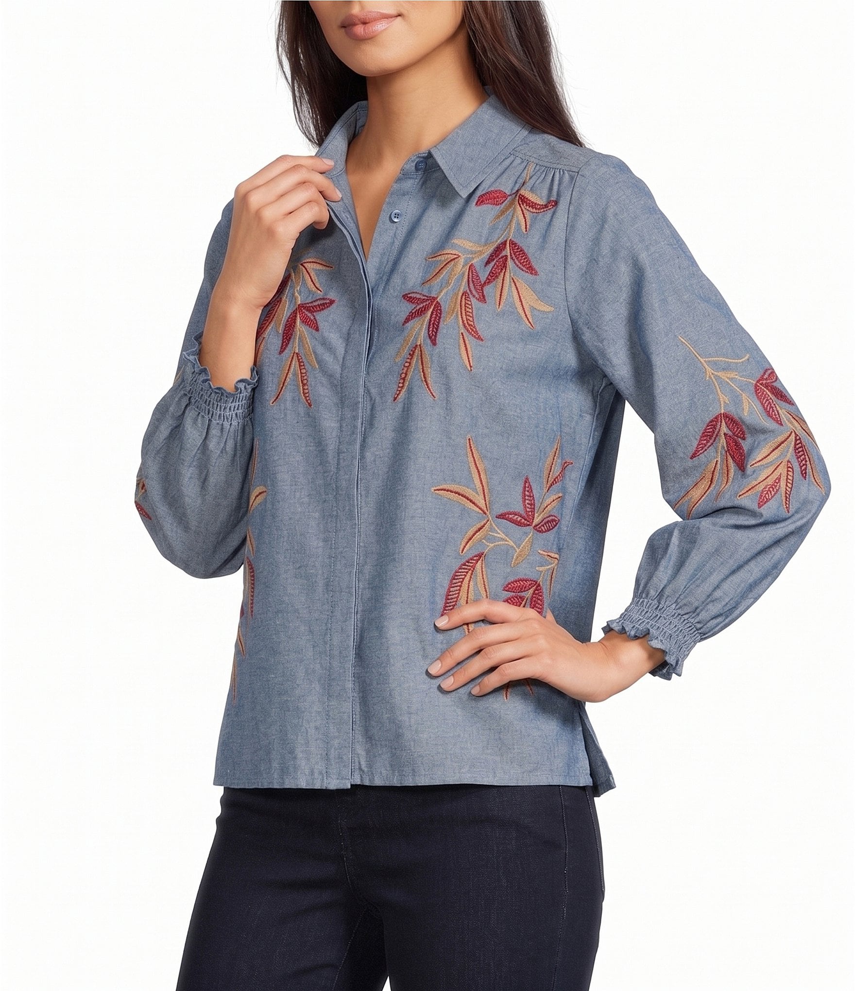 Calessa Petite Size Woven Leaf Embroidery Point Collar 3/4 Sleeve Button Front Shirt