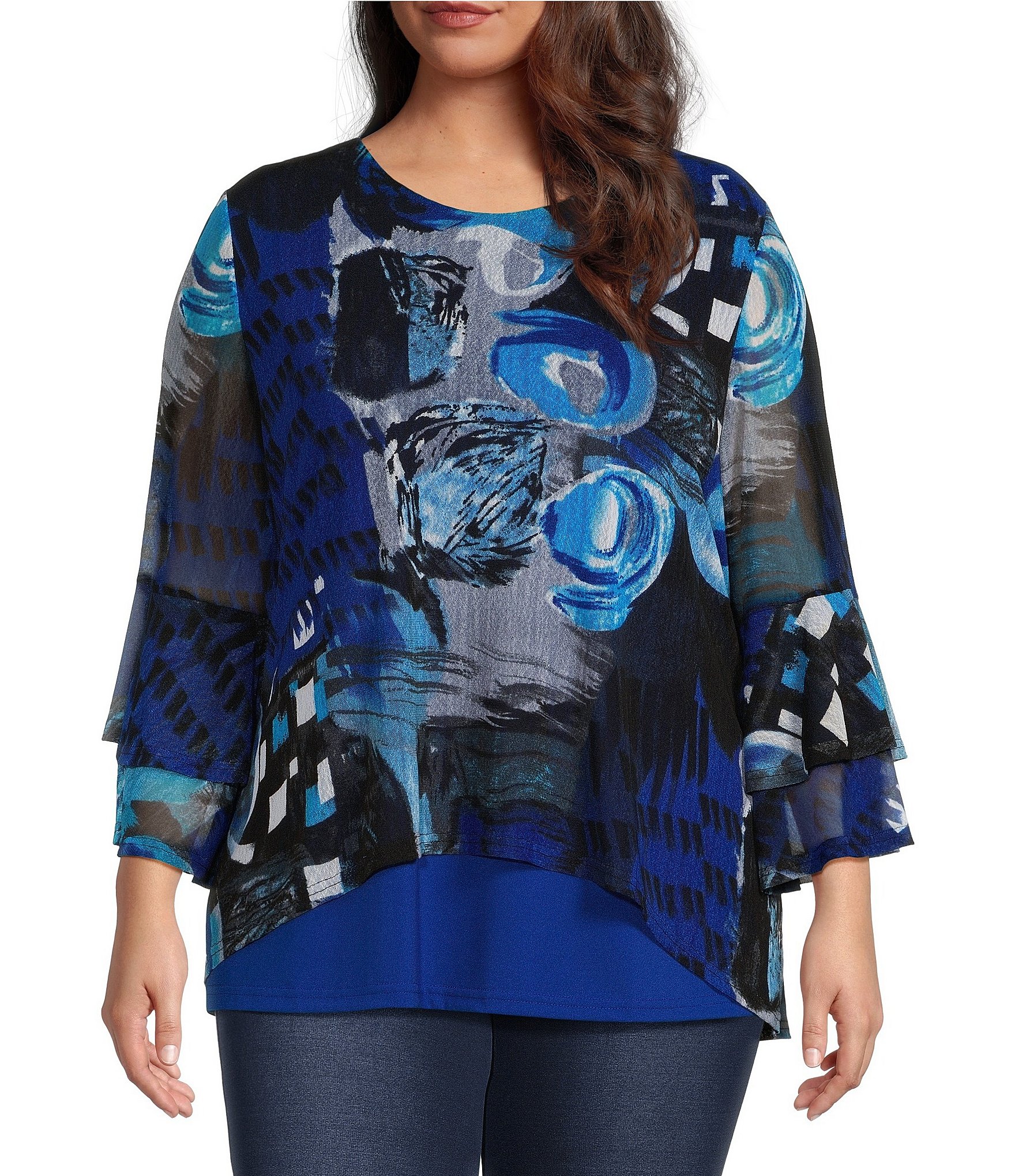 Calessa Plus Size Abstract Print Double Mesh Knit Jewel Neck 3/4 Sleeve ...