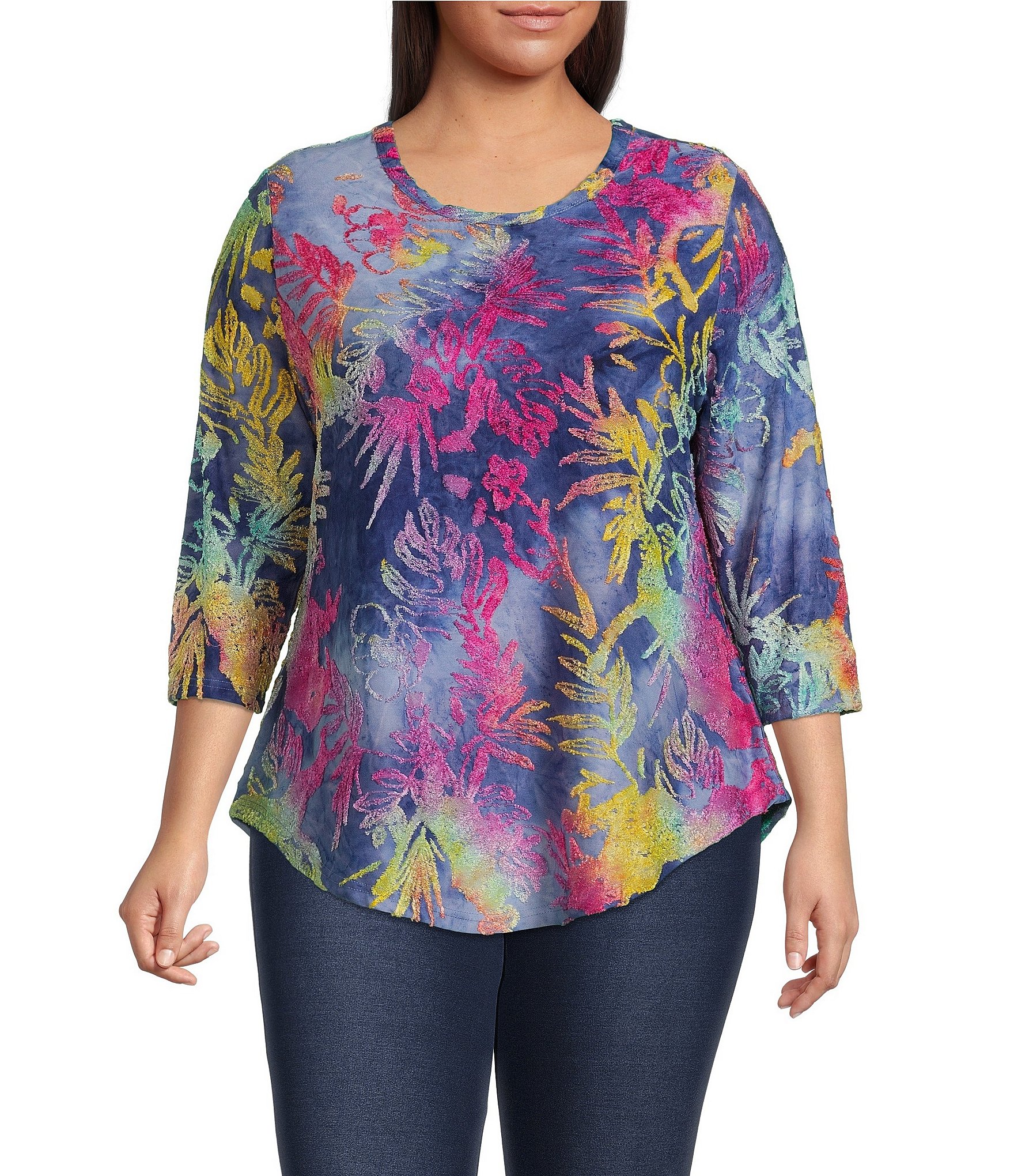 Calessa Plus Size Abstract Tie Dye Burnout Print 3/4 Sleeve Knit Tunic ...