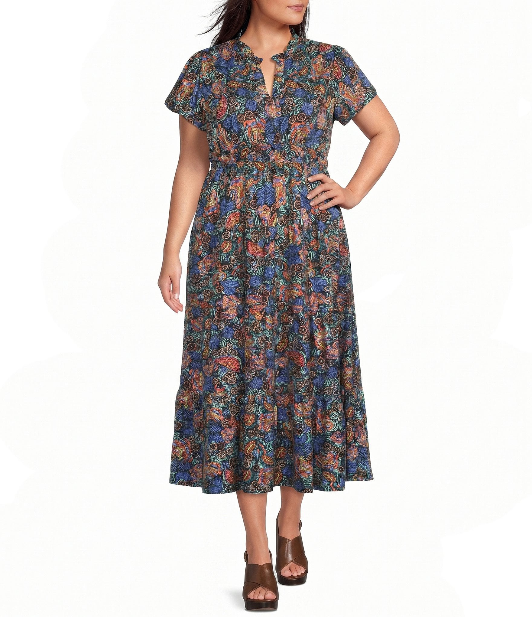 Calessa Plus Size All Over Embroidery Split V-Neck Cap Sleeve A-Line Midi Dress