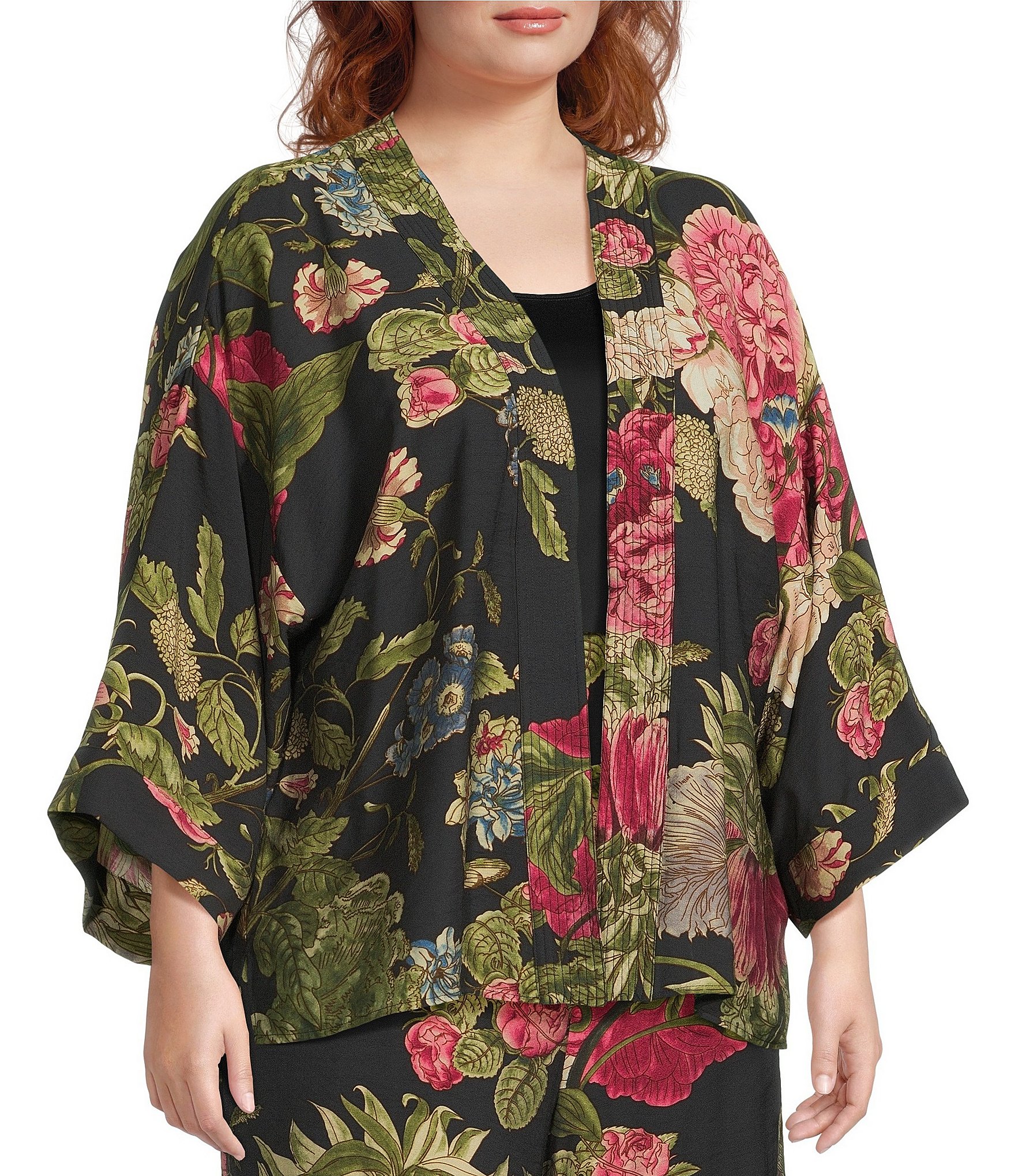 Calessa Plus Size Autumn Garden Print Coordinating Open-Front Kimono