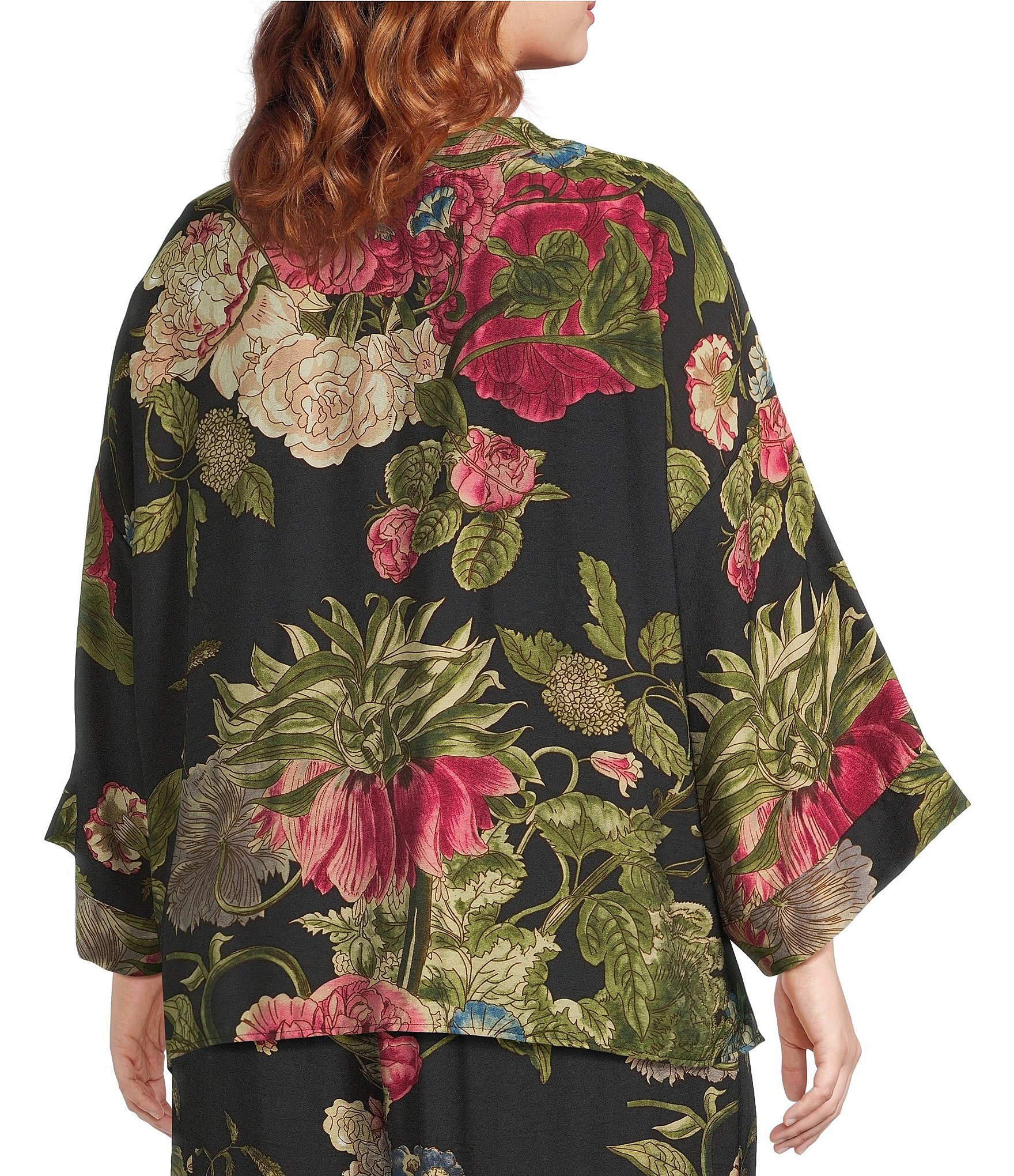 Calessa Plus Size Autumn Garden Print Coordinating Open-Front Kimono