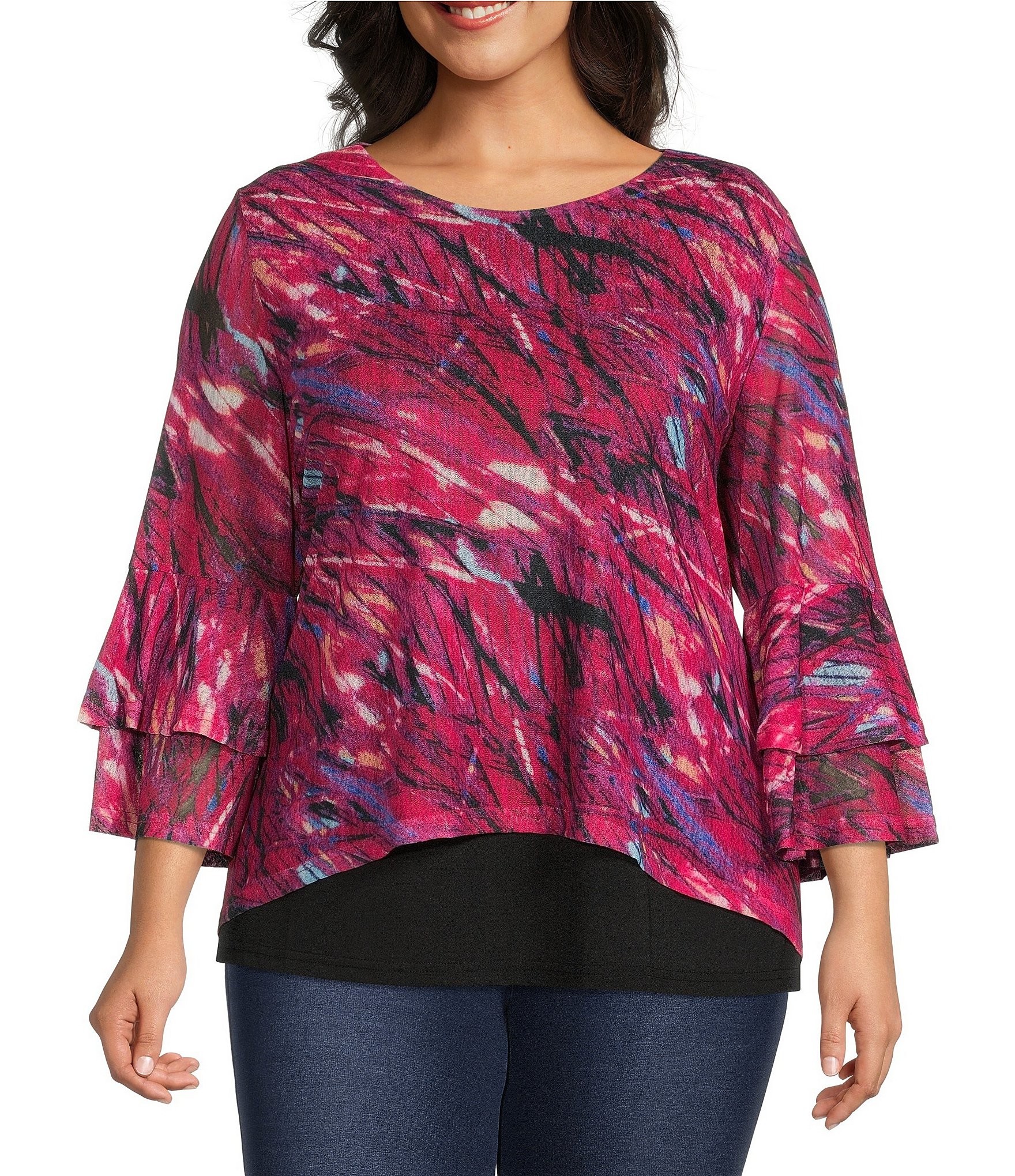 Calessa Plus Size Brush Strokes Print Ruffle 34 Sleeve High Low Hem Top Dillards 6826