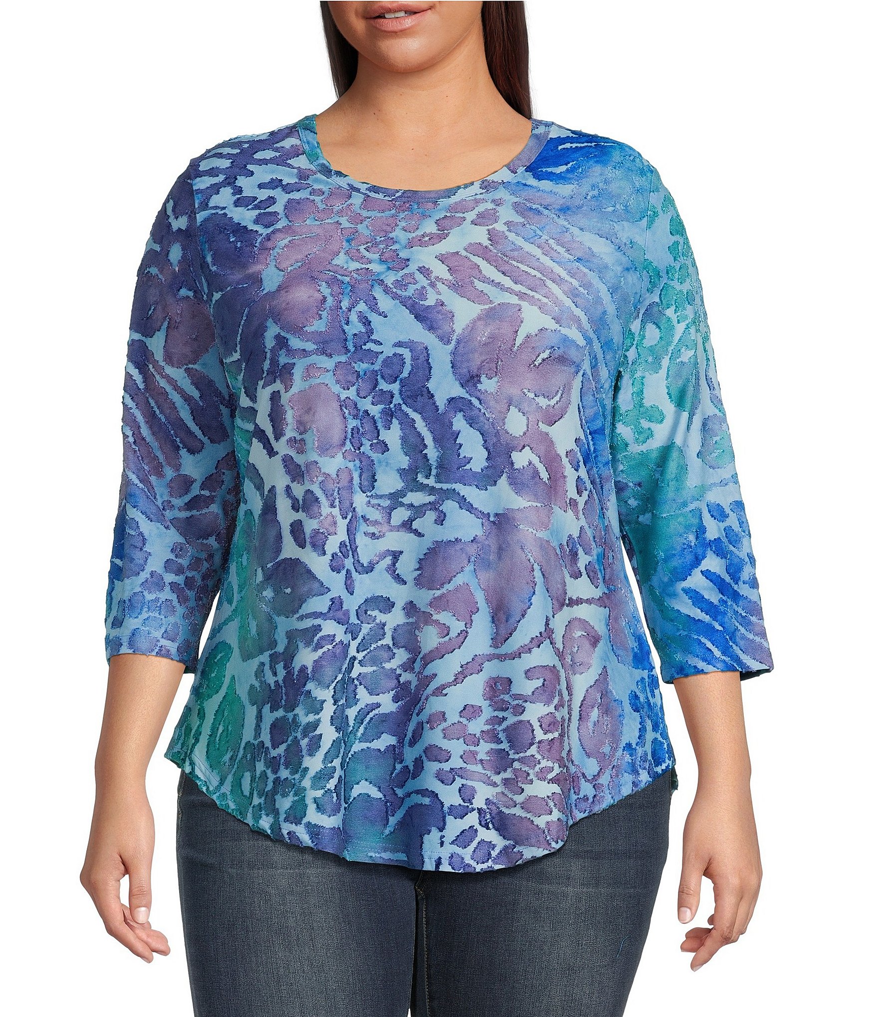 Calessa Plus Size Burnout Abstract Paisley Tie Dye Print 3/4 Sleeve ...