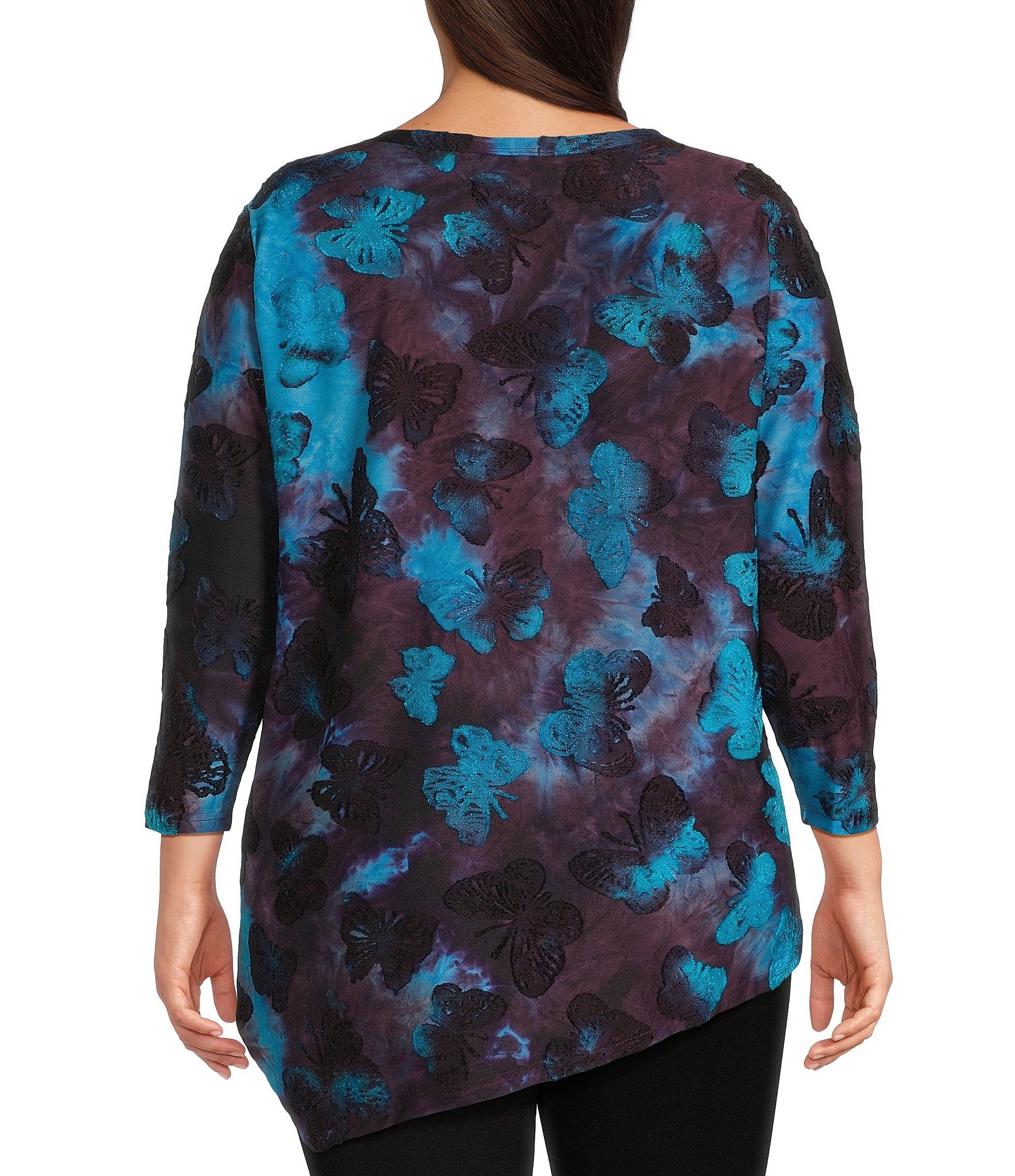 Calessa Plus Size Burnout Tie-Dye Butterfly Crew Neck 3/4 Sleeve Asymmetric Dipped Hem Tunic