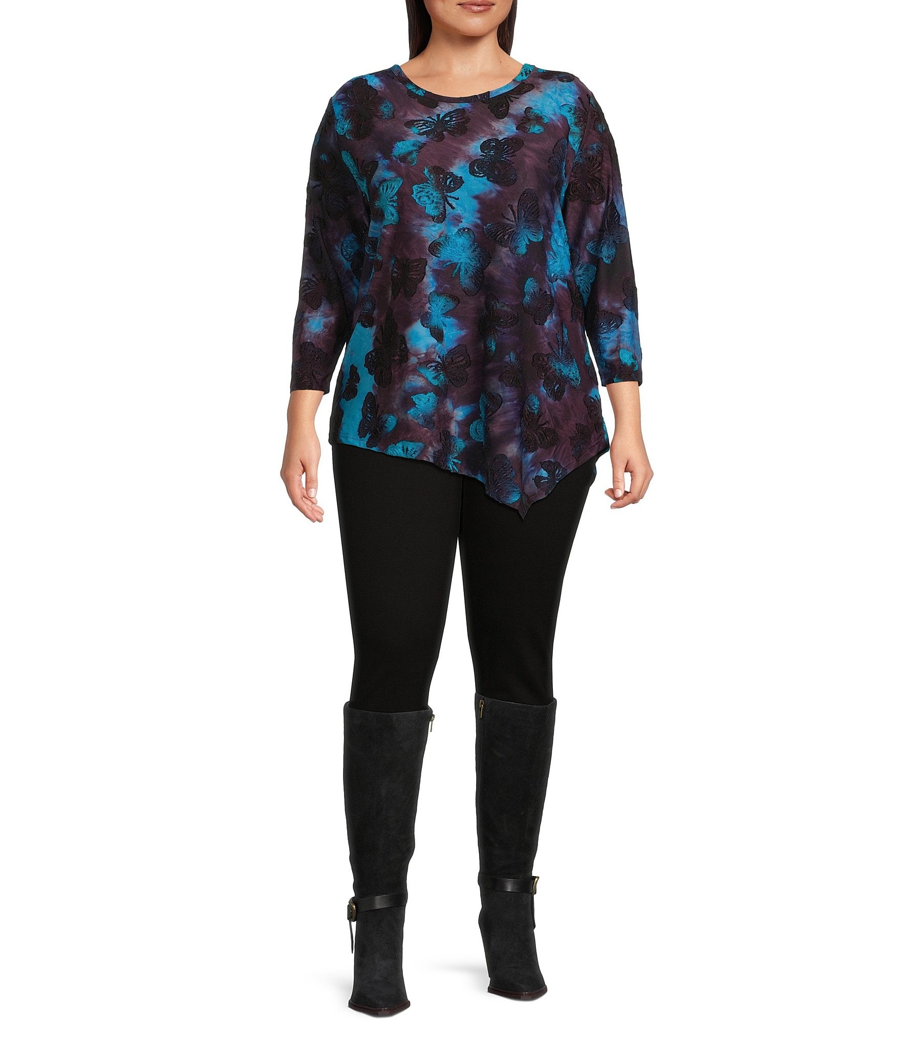 Calessa Plus Size Burnout Tie-Dye Butterfly Crew Neck 3/4 Sleeve Asymmetric Dipped Hem Tunic