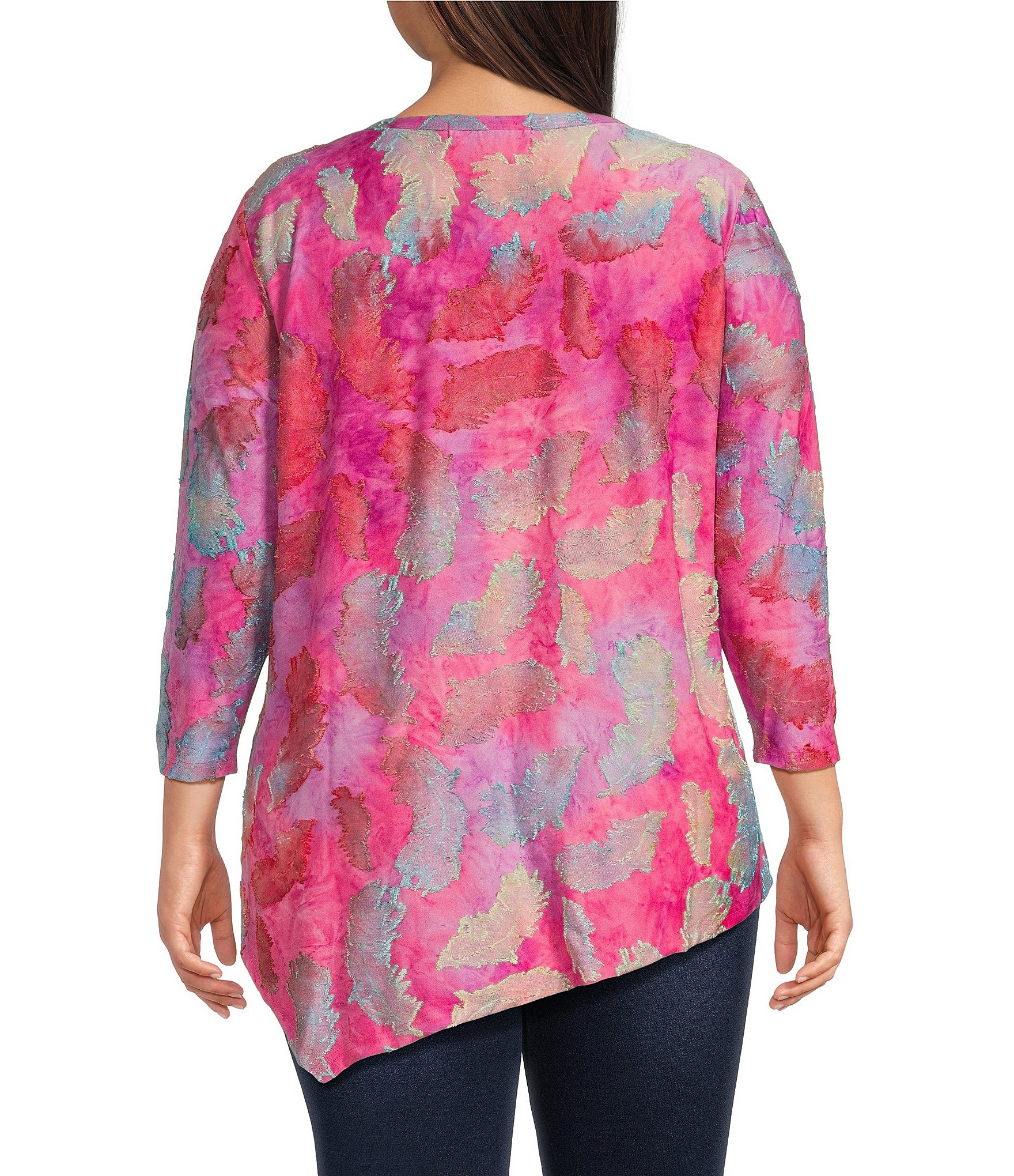 Calessa Plus Size Burnout Tie-Dye Crew Neck 3/4 Sleeve Tunic