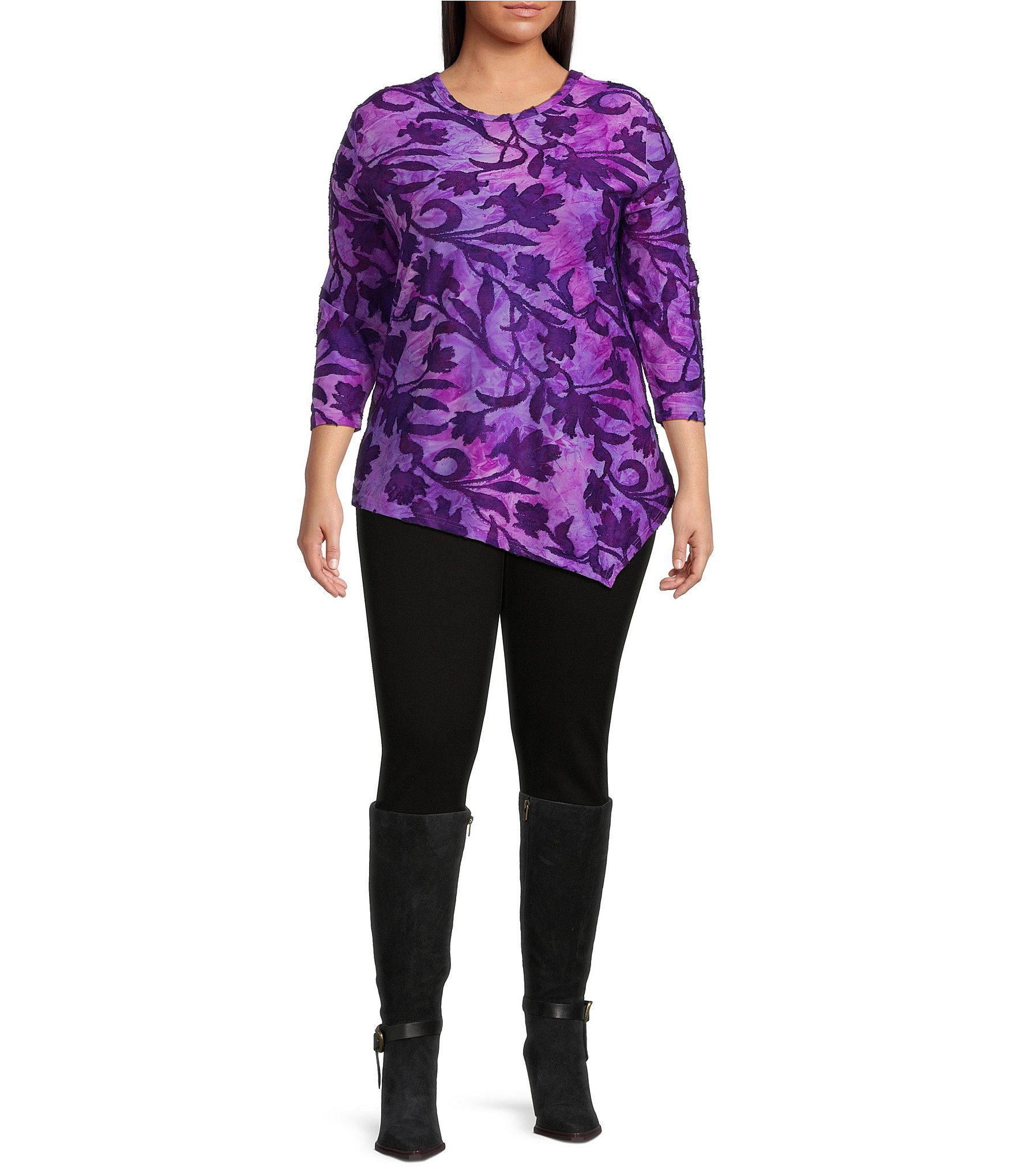 Calessa Plus Size Burnout Tie-Dye Knit Crew Neck 3/4 Sleeve Asymmetric Dipped Hem Tunic