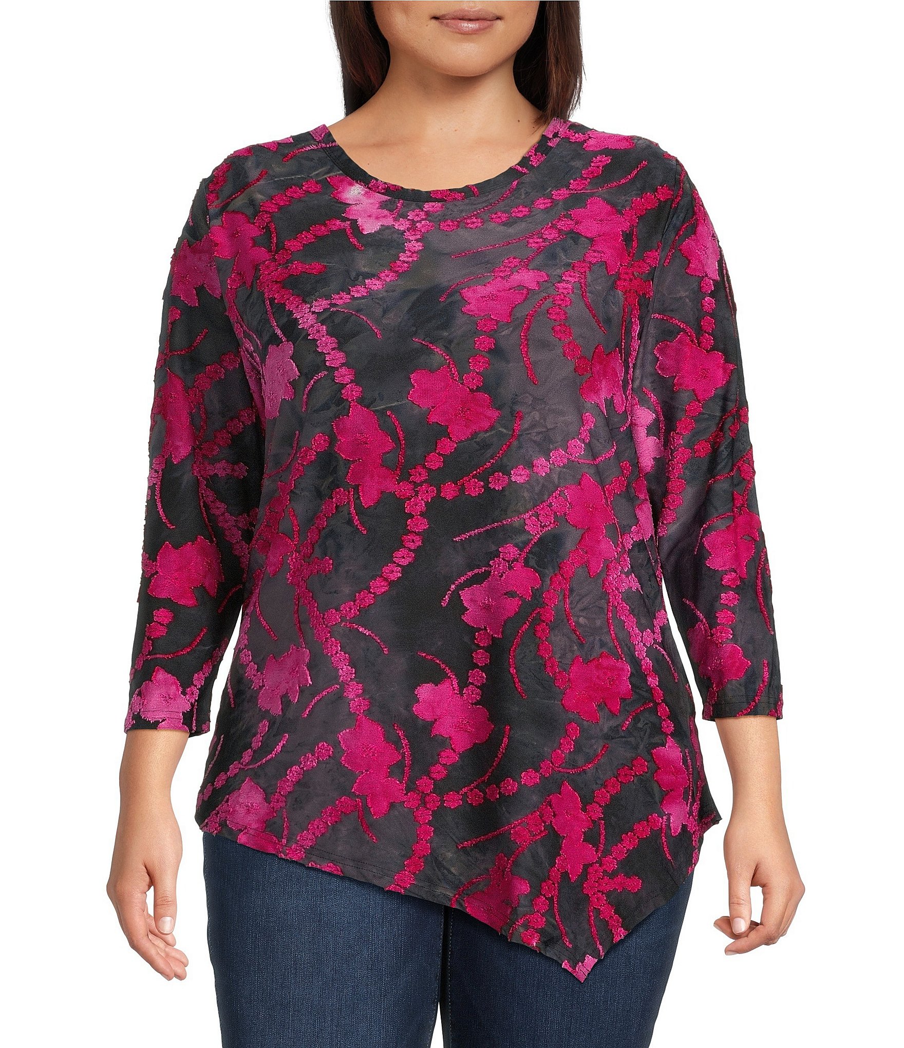 Calessa Plus Size Burnout Tie-Dye Knit Crew Neck 3/4 Sleeve Asymmetric Dipped Hem Top