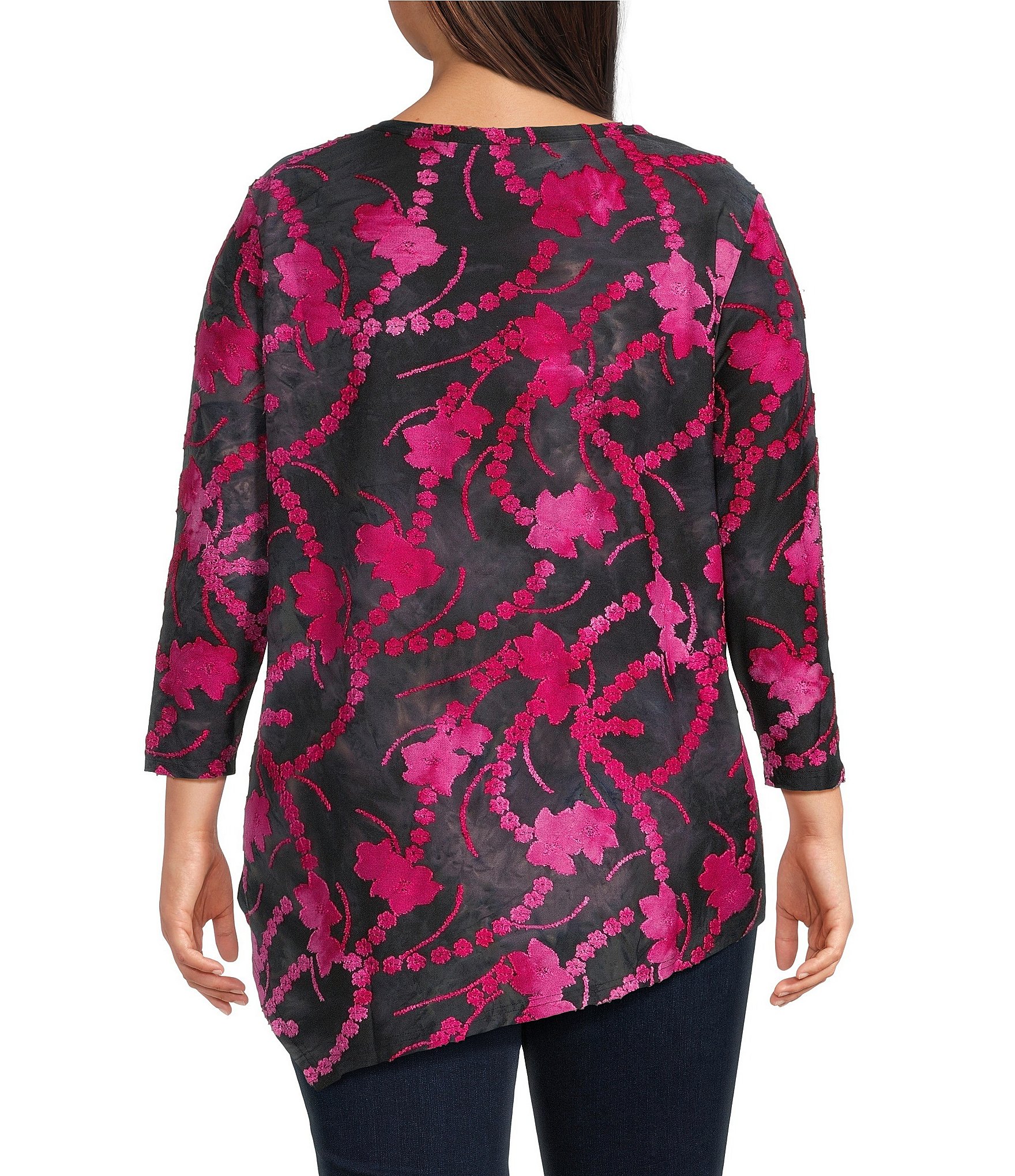 Calessa Plus Size Burnout Tie-Dye Knit Crew Neck 3/4 Sleeve Asymmetric Dipped Hem Top