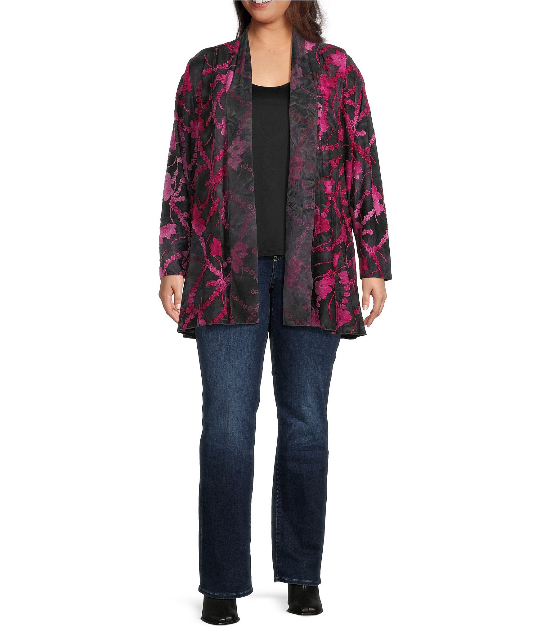 Calessa Plus Size Burnout Tie-Dye Knit Wrist Sleeve Open-Front Cardigan