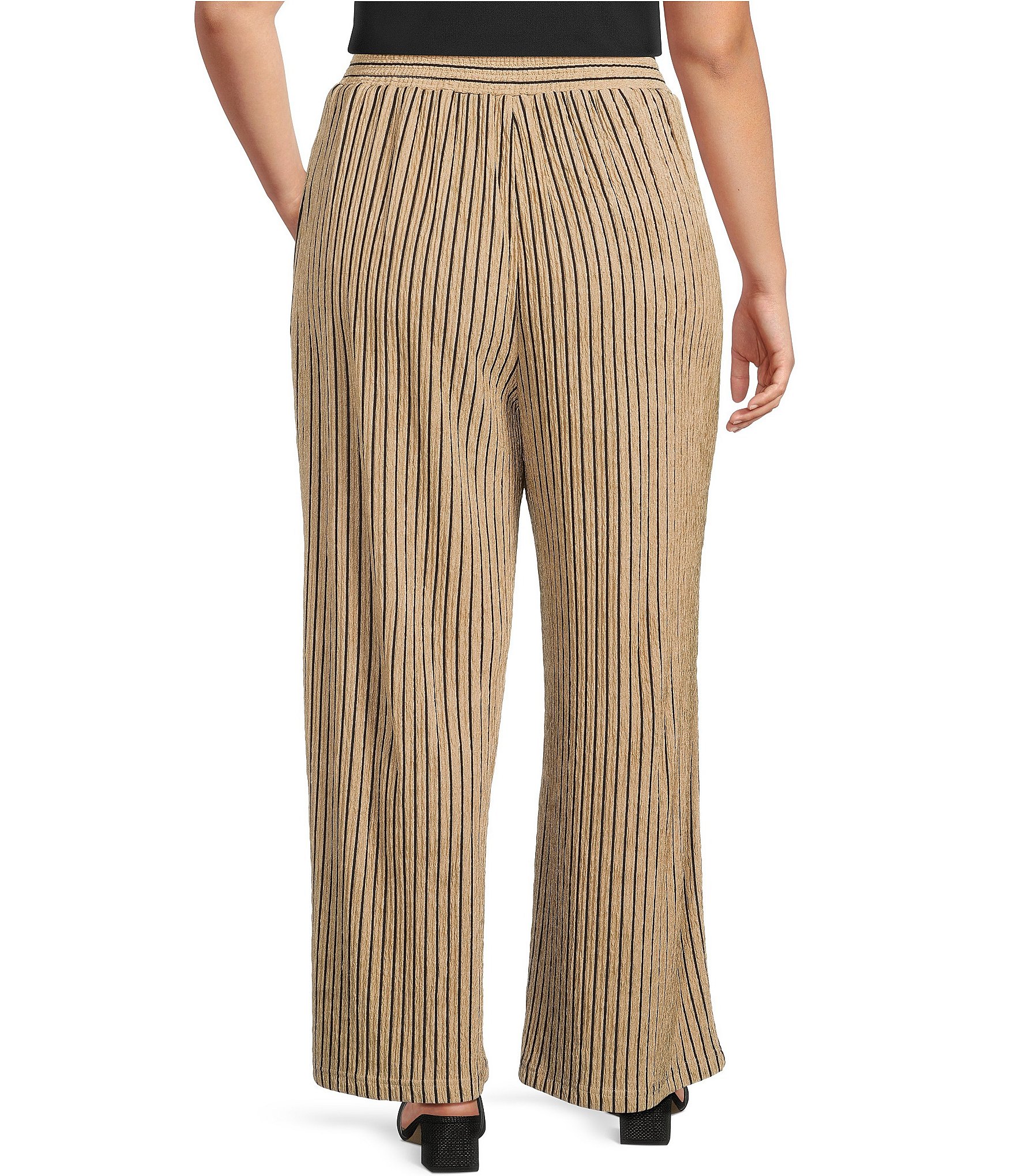 Calessa Plus Size Coordinating Textured Knit Stripe Wide Leg Pull-On Ankle Pants