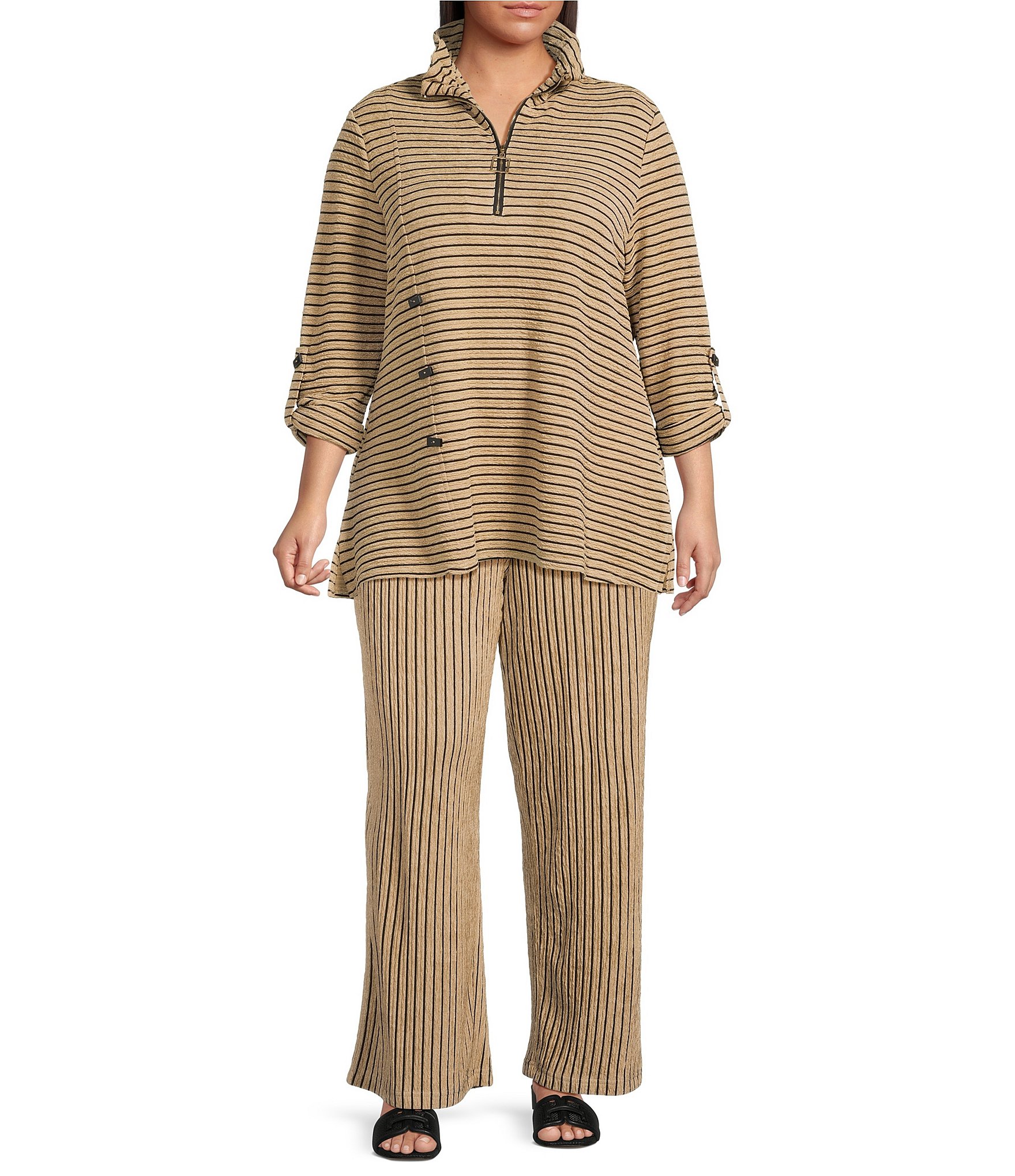 Calessa Plus Size Coordinating Textured Knit Stripe Wide Leg Pull-On Ankle Pants