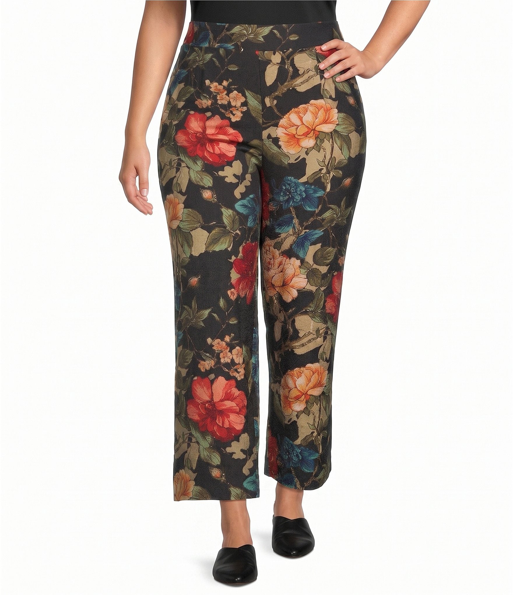 Calessa Plus Size Coordinating Woven Floral Wide Leg Cropped Pants