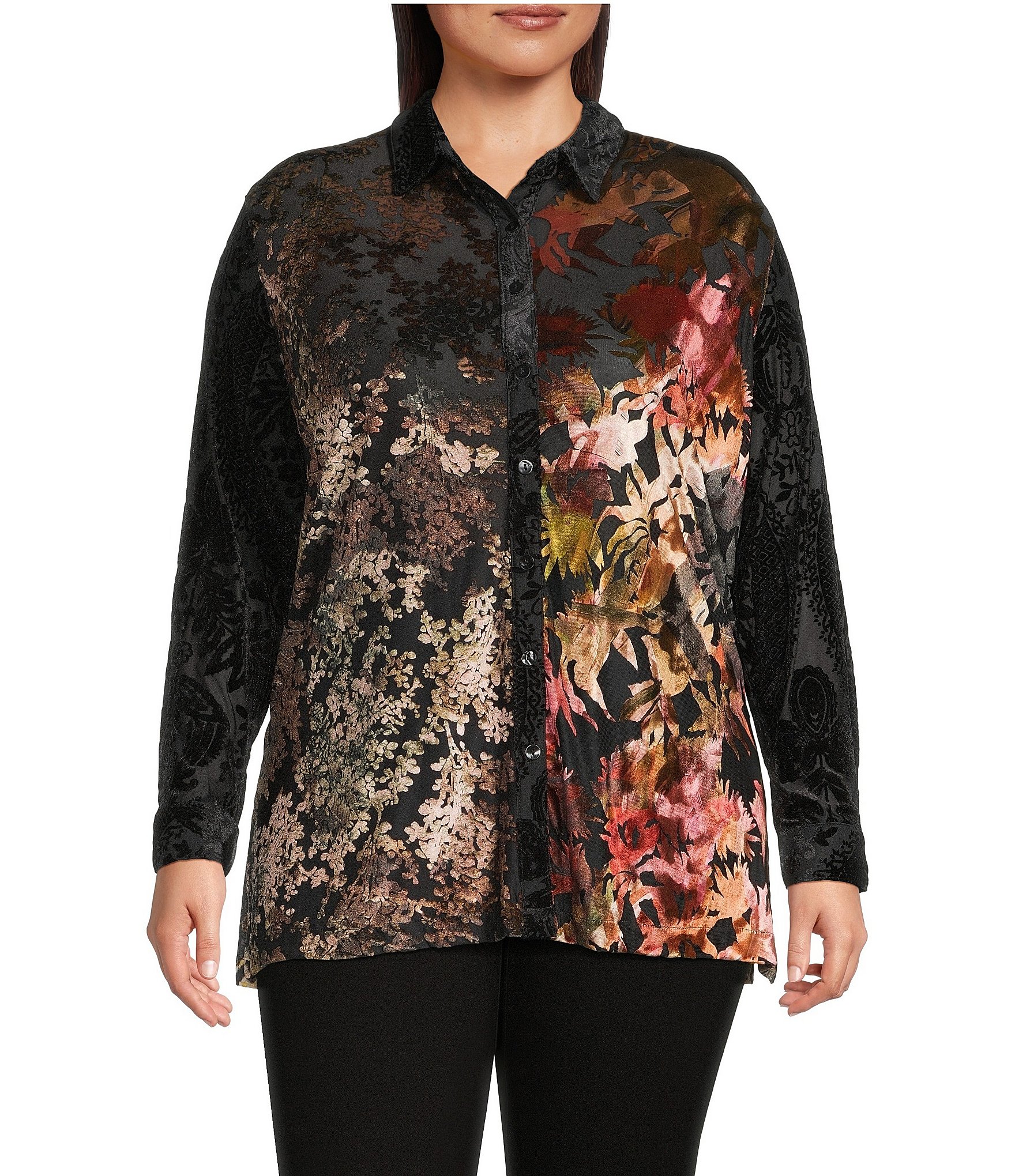 Calessa Plus Size Crinkle Burnout Patchwork Point Collar Long Roll-Tab Sleeve Button Front Tunic