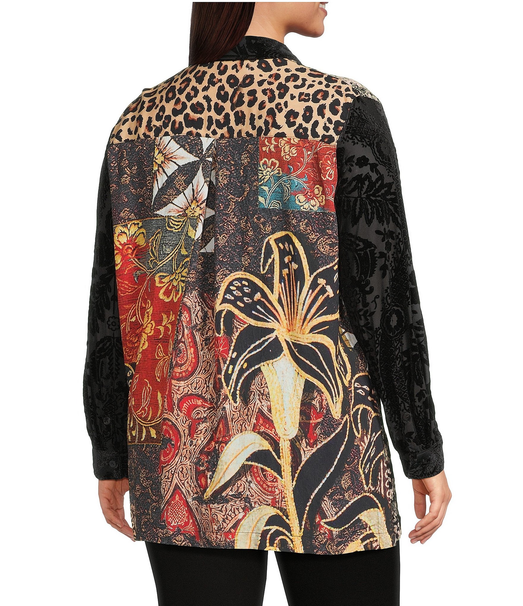 Calessa Plus Size Crinkle Burnout Patchwork Point Collar Long Roll-Tab Sleeve Button Front Tunic