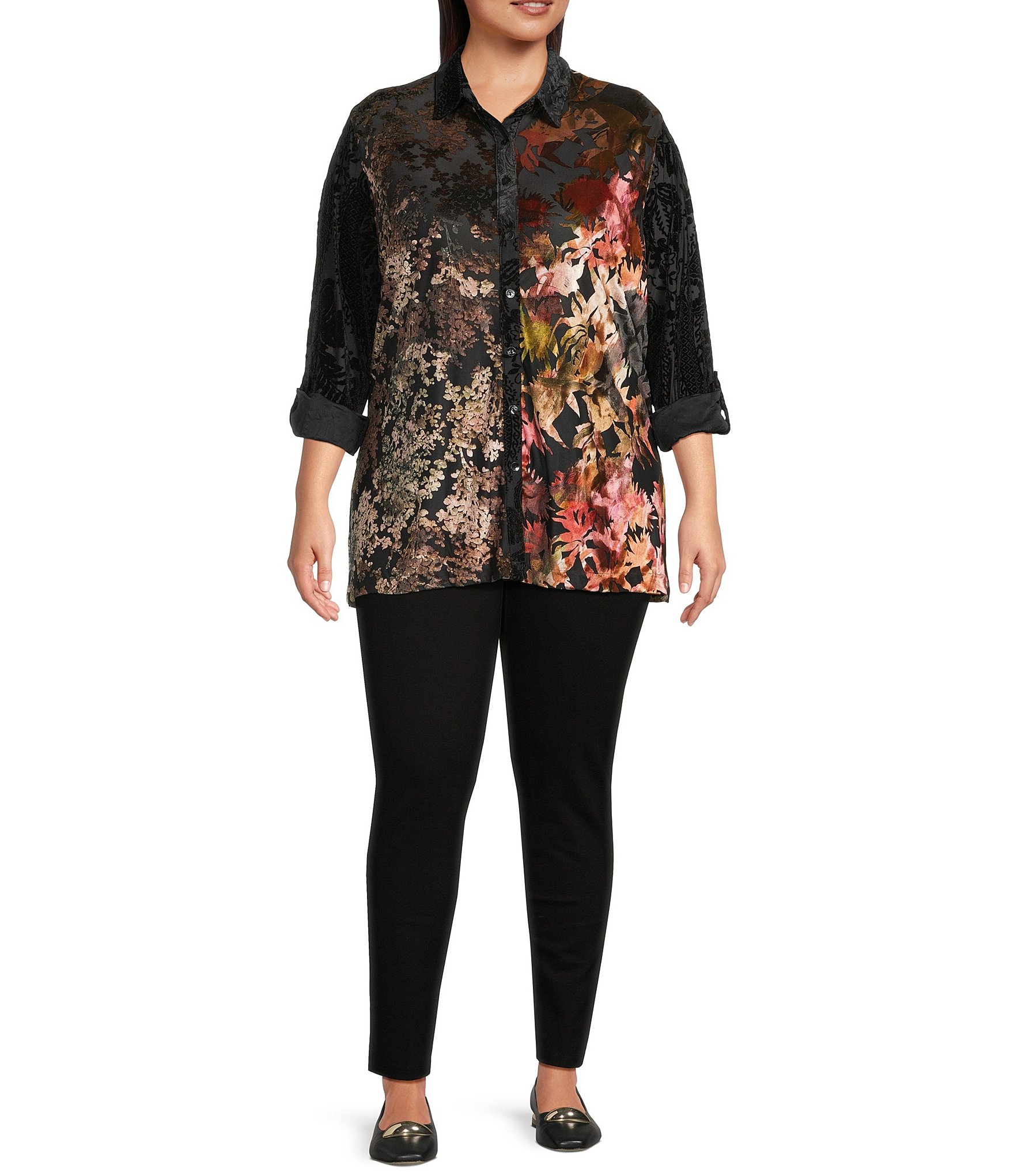 Calessa Plus Size Crinkle Burnout Patchwork Point Collar Long Roll-Tab Sleeve Button Front Tunic