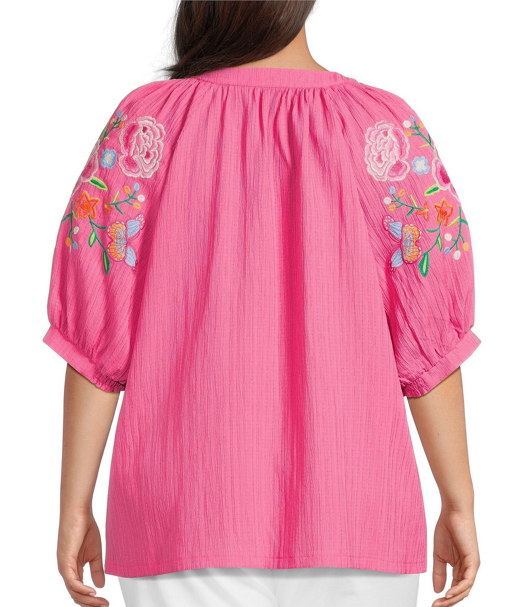 Calessa Plus Size Crinkle Split V-Neck Embroidered Puff Sleeve Tunic