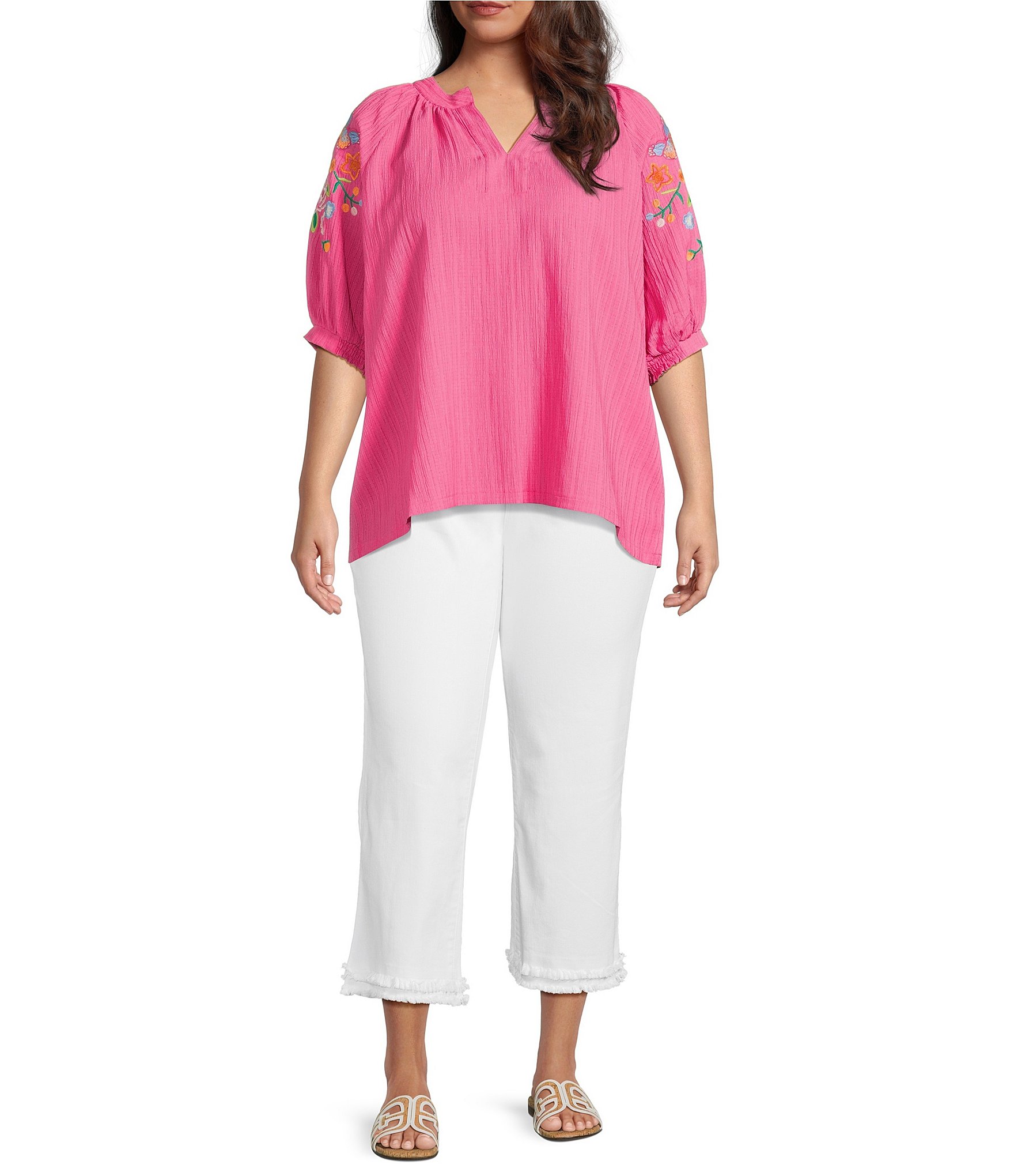 Calessa Plus Size Crinkle Split V-Neck Embroidered Puff Sleeve Tunic