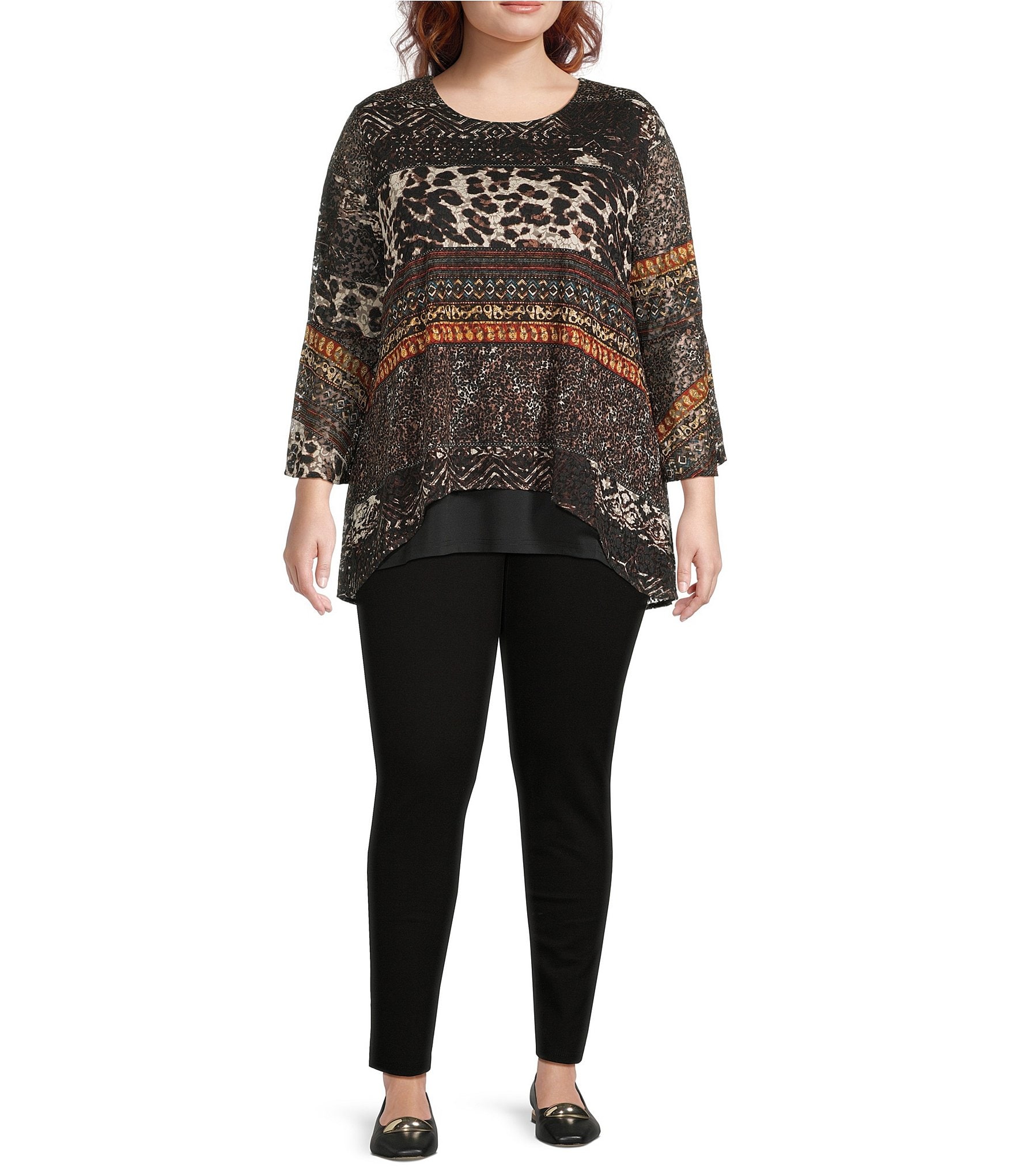 Calessa Plus Size Double Layered Mesh Animal Print Hi-low Scoop Neck Wrist Length Sleeve Tunic