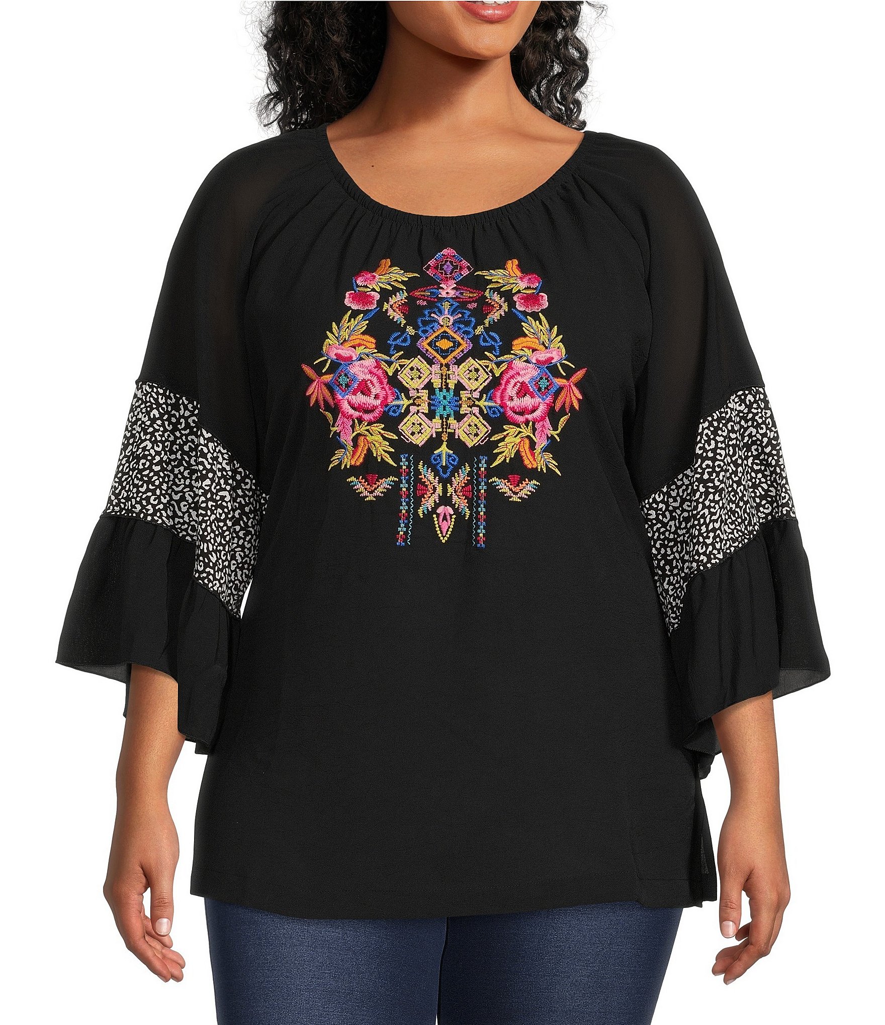 Calessa Plus Size Embroidered Scoop Neck 3/4 Tier Sleeve Tunic | Dillard's