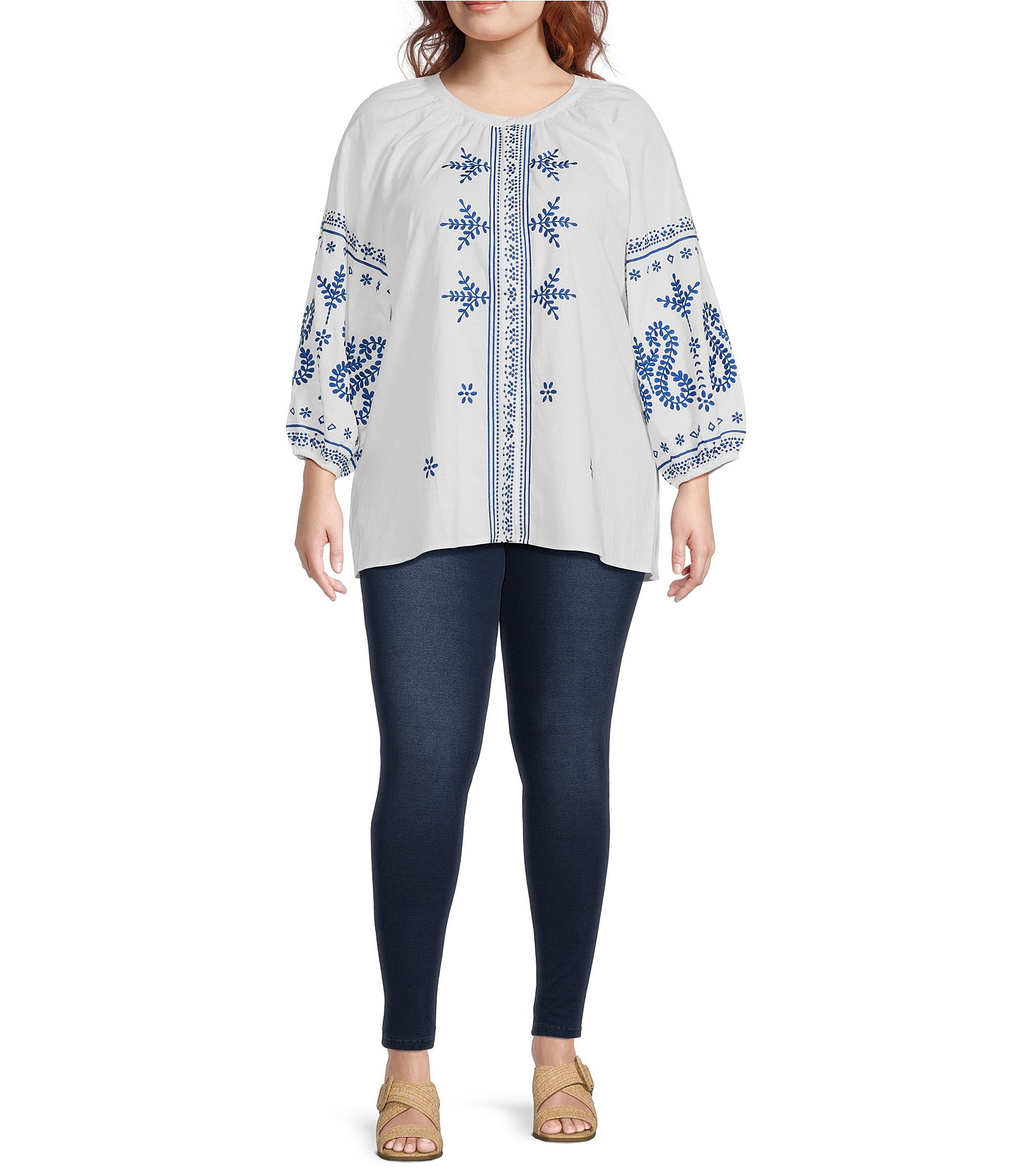 Calessa Plus Size Embroidered Crew Neck 3/4 Sleeve Tunic