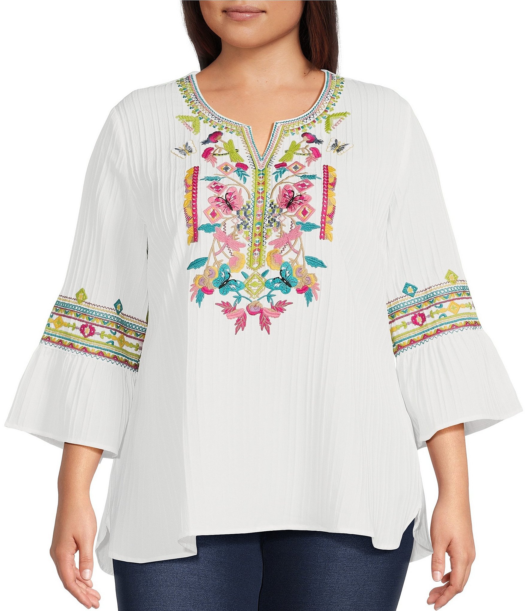 Calessa Plus Size Embroidered Crinkle Woven Split V Neck 3 4 Ruffled