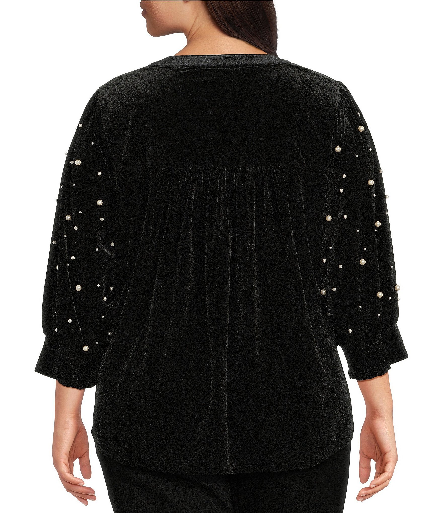 Calessa Plus Size Embroidered Faux Pearl Beaded Bracelet Sleeve Split V-Neck Button-Front Tunic
