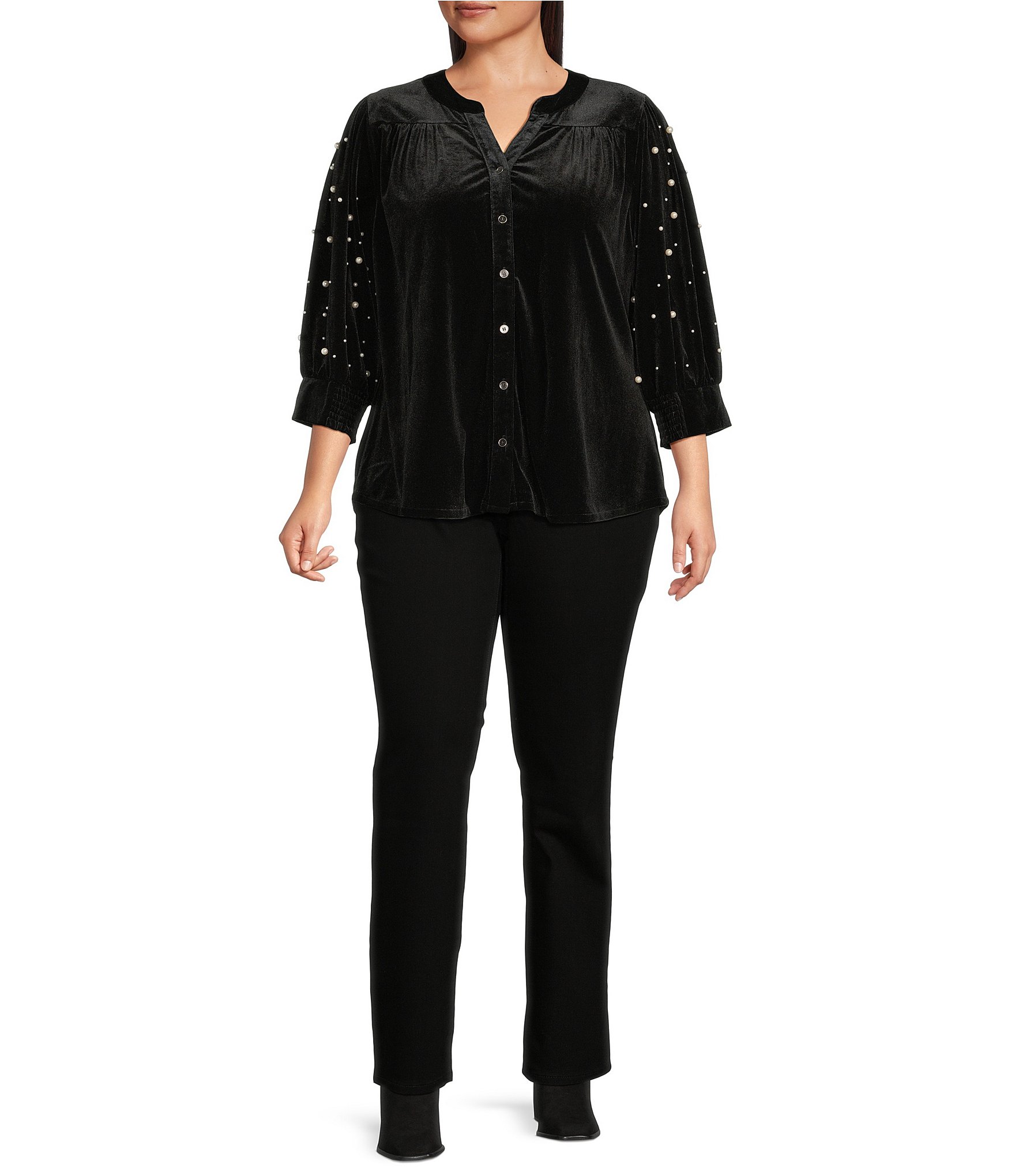 Calessa Plus Size Embroidered Faux Pearl Beaded Bracelet Sleeve Split V-Neck Button-Front Tunic