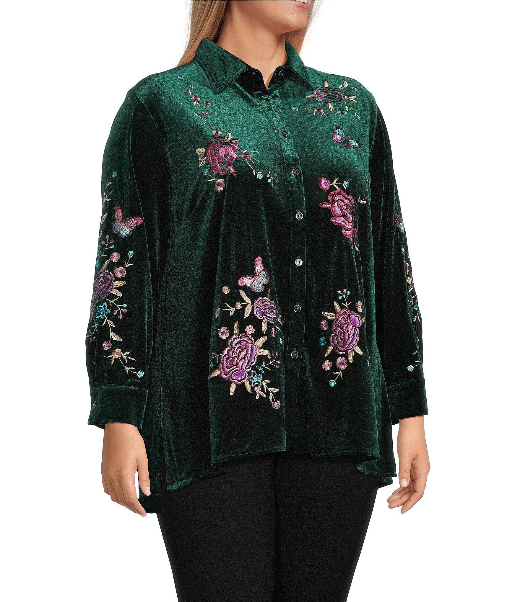 Calessa Plus Size Embroidered Floral Point Collar Long Sleeve Button Front Velvet Shirt