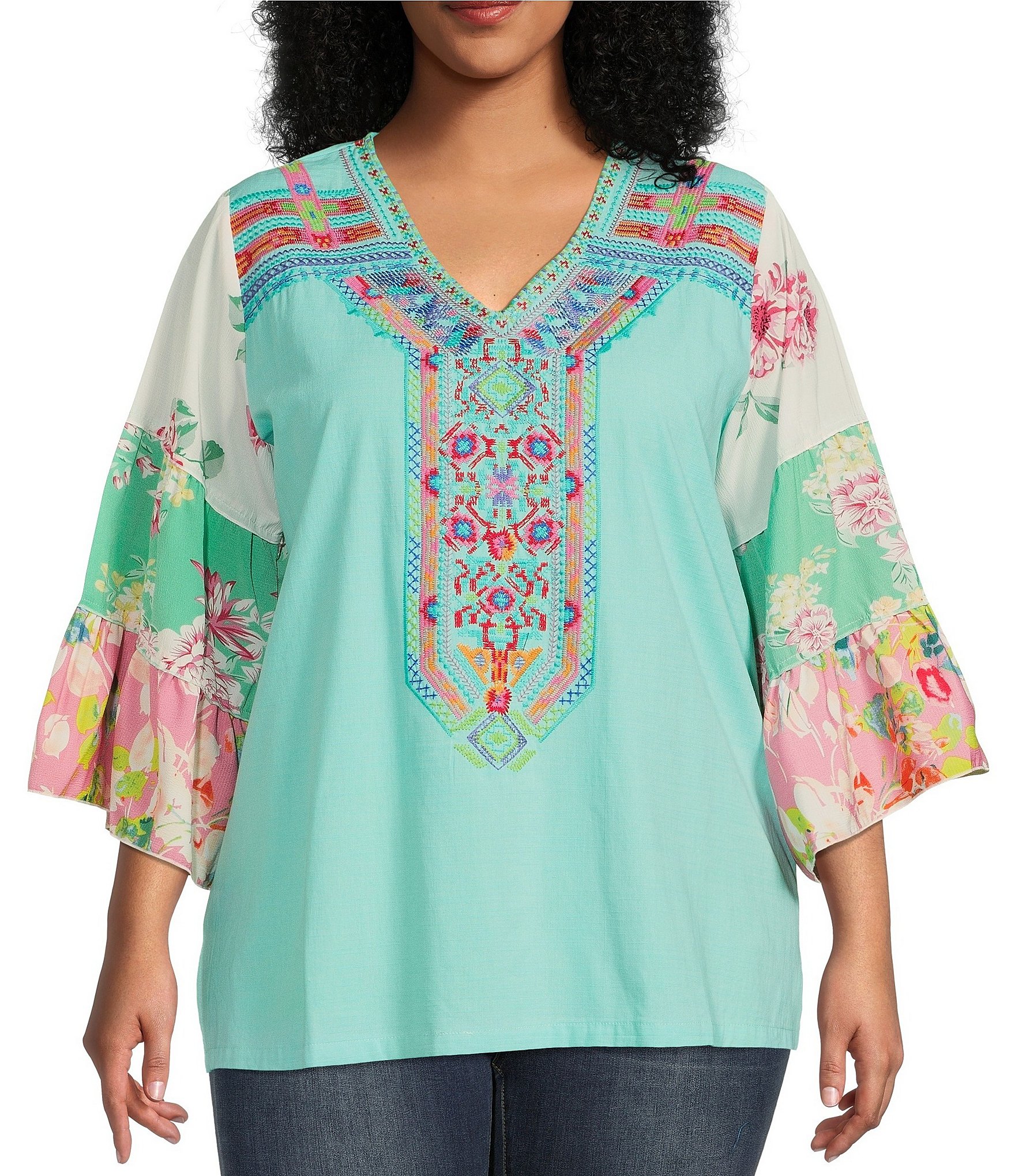 Calessa Plus Size Embroidered Front V-Neck 3/4 Patchwork Flare Sleeve ...